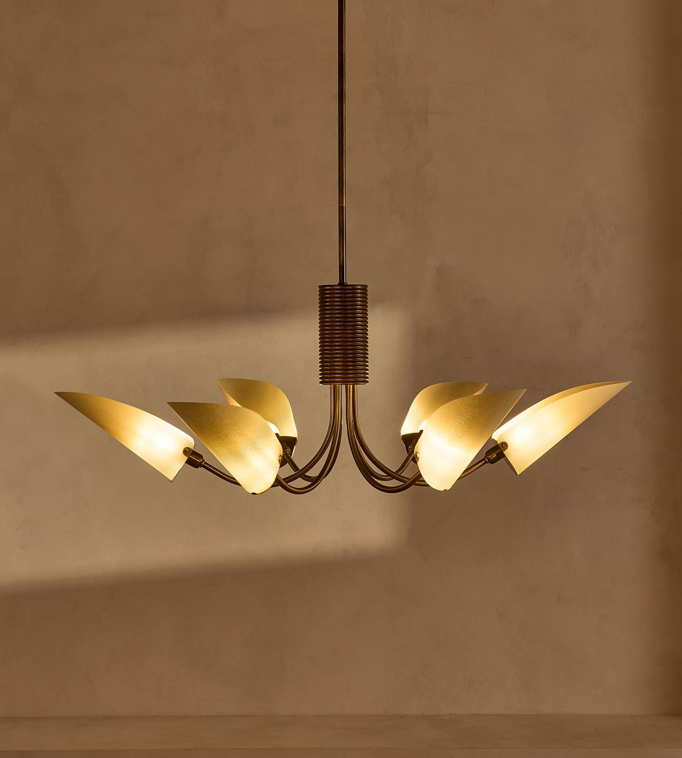 Mid-century Chandelier - Brass & Cream Fabric Shades | Modern Dining Room Lighting Casalolalights Luxury Lamps