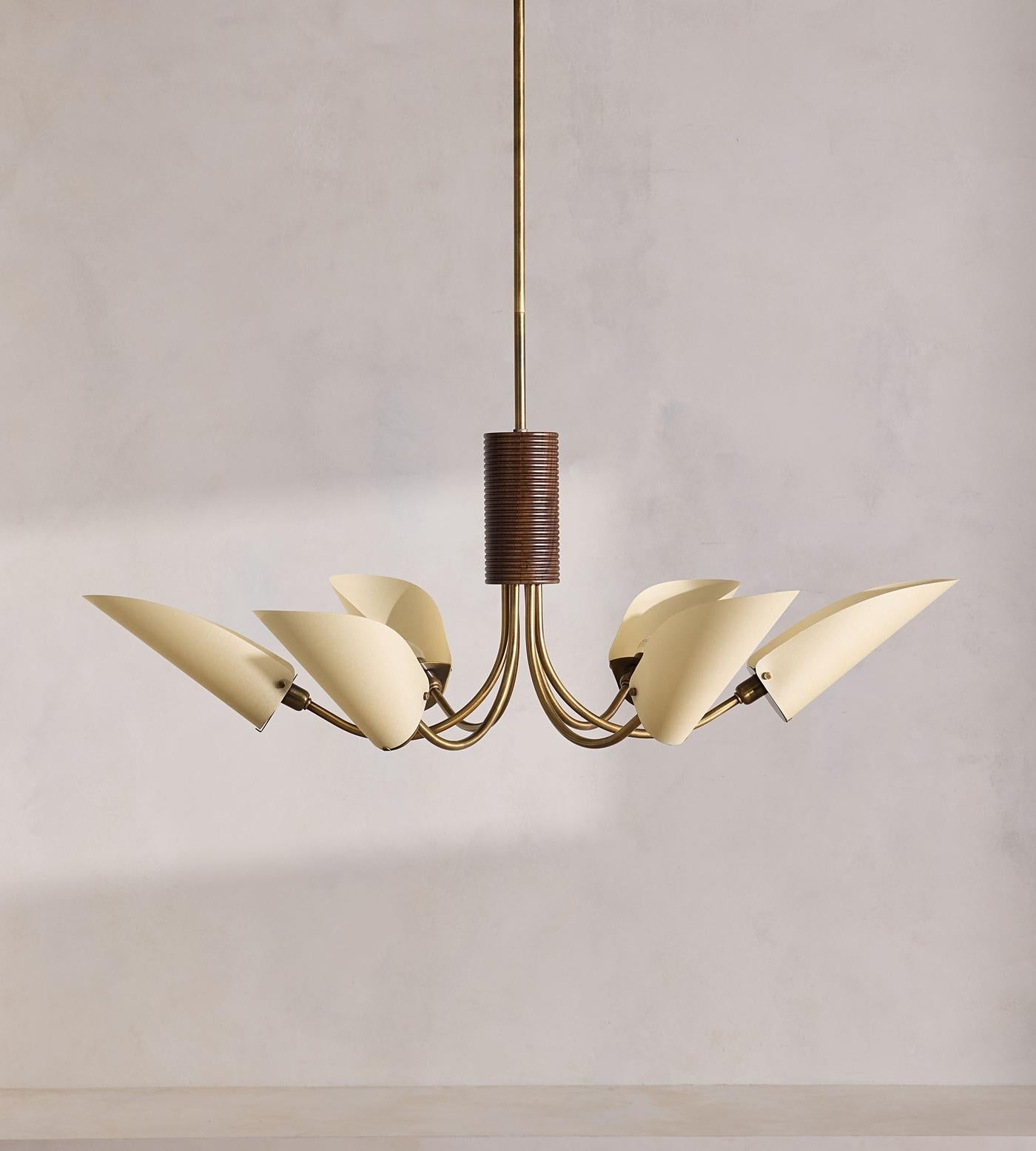 Mid-century Chandelier - Brass & Cream Fabric Shades | Modern Dining Room Lighting Casalolalights Luxury Lamps