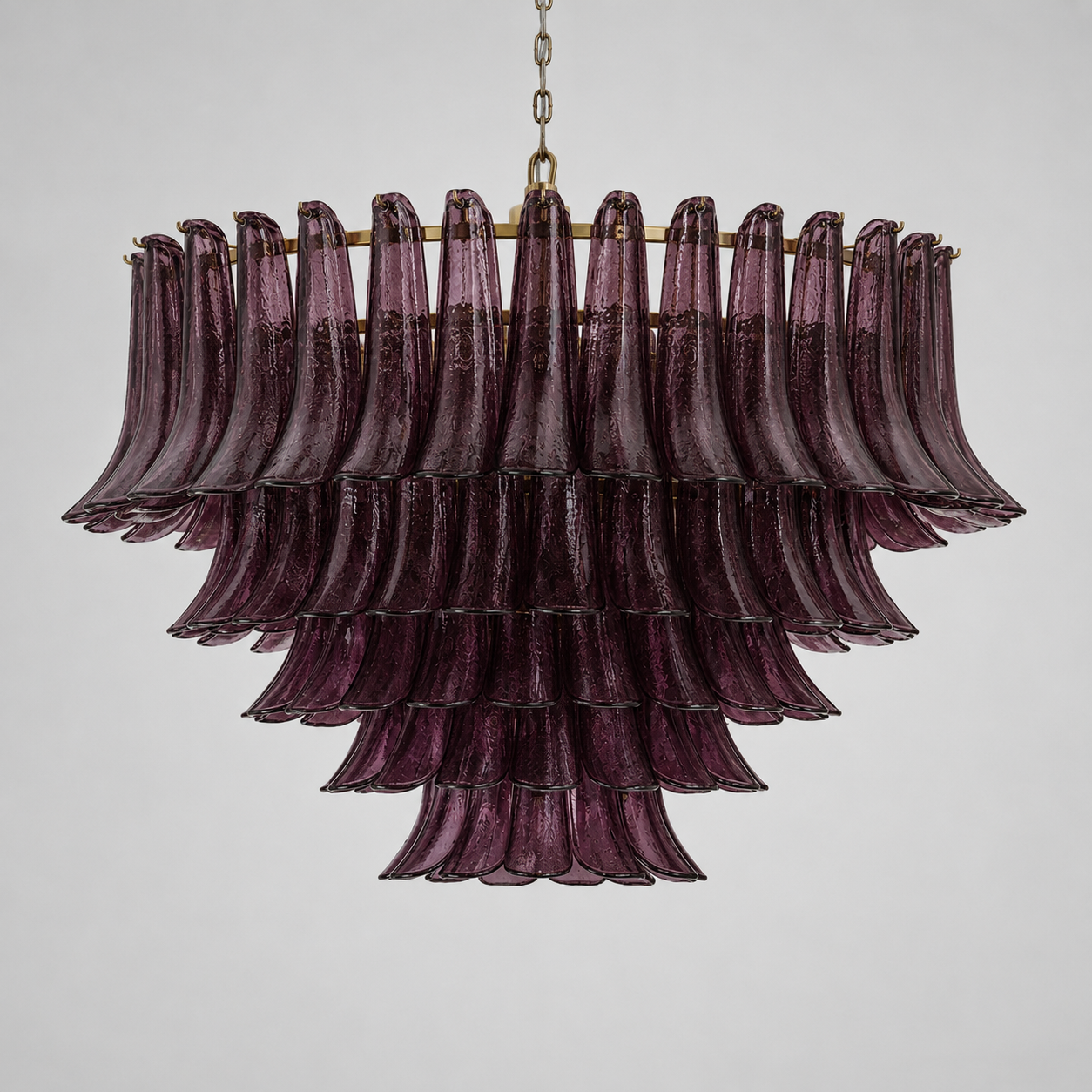 Sculptural glass and brass chandelier for a two-story foyer, unlit — CLND006