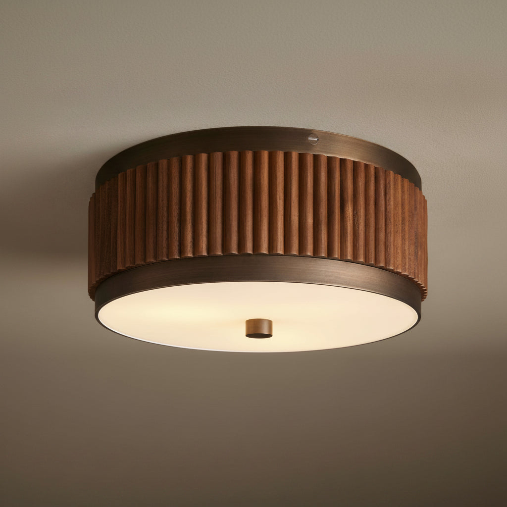 Fluted Walnut and Bronze Flush Mount with Opal Glass Modern Bedroom Hallway or Low Ceiling Light Fixture Casalolalights