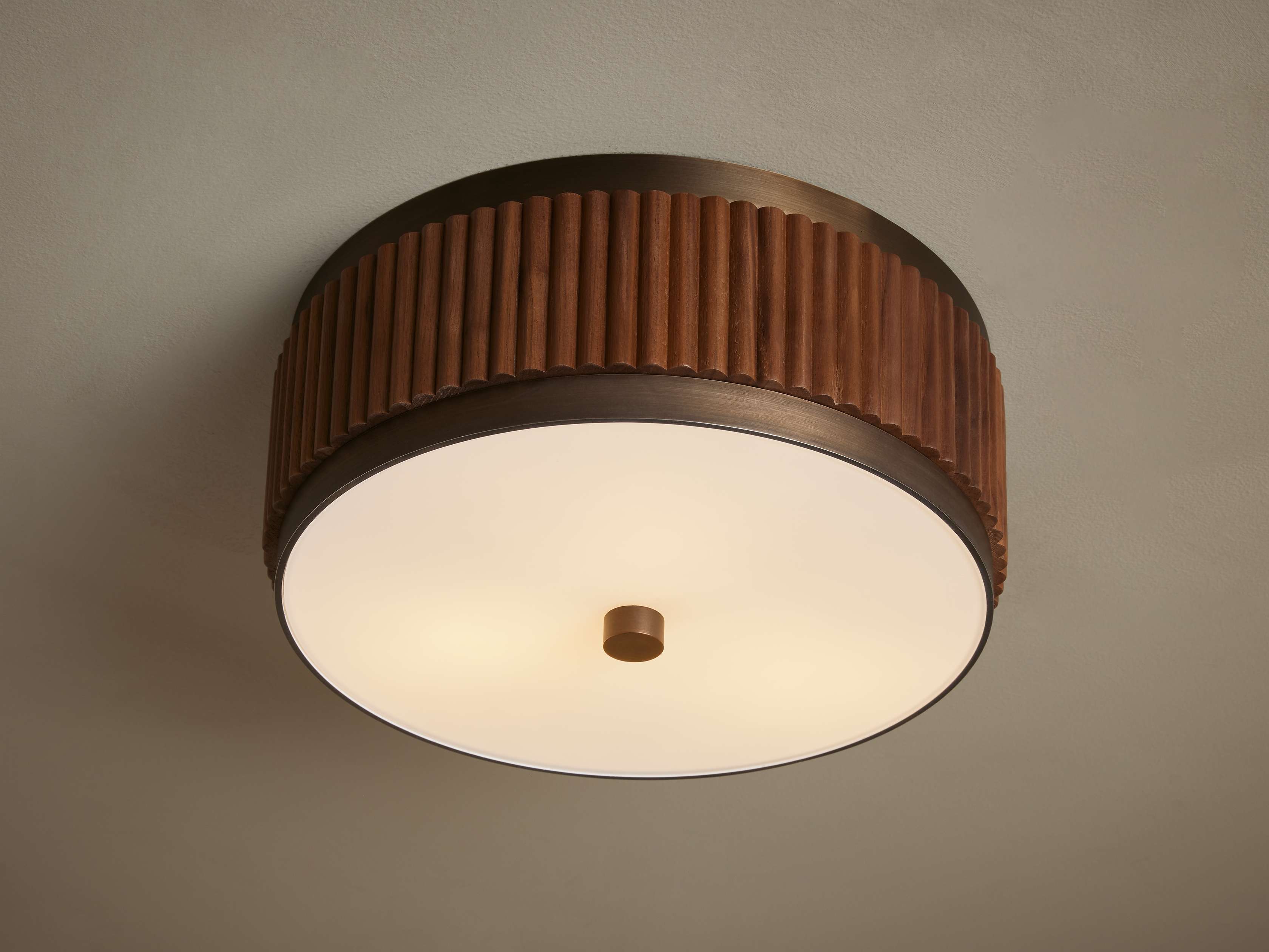 Fluted Walnut and Bronze Flush Mount with Opal Glass Modern Bedroom Hallway or Low Ceiling Light Fixture Casalolalights