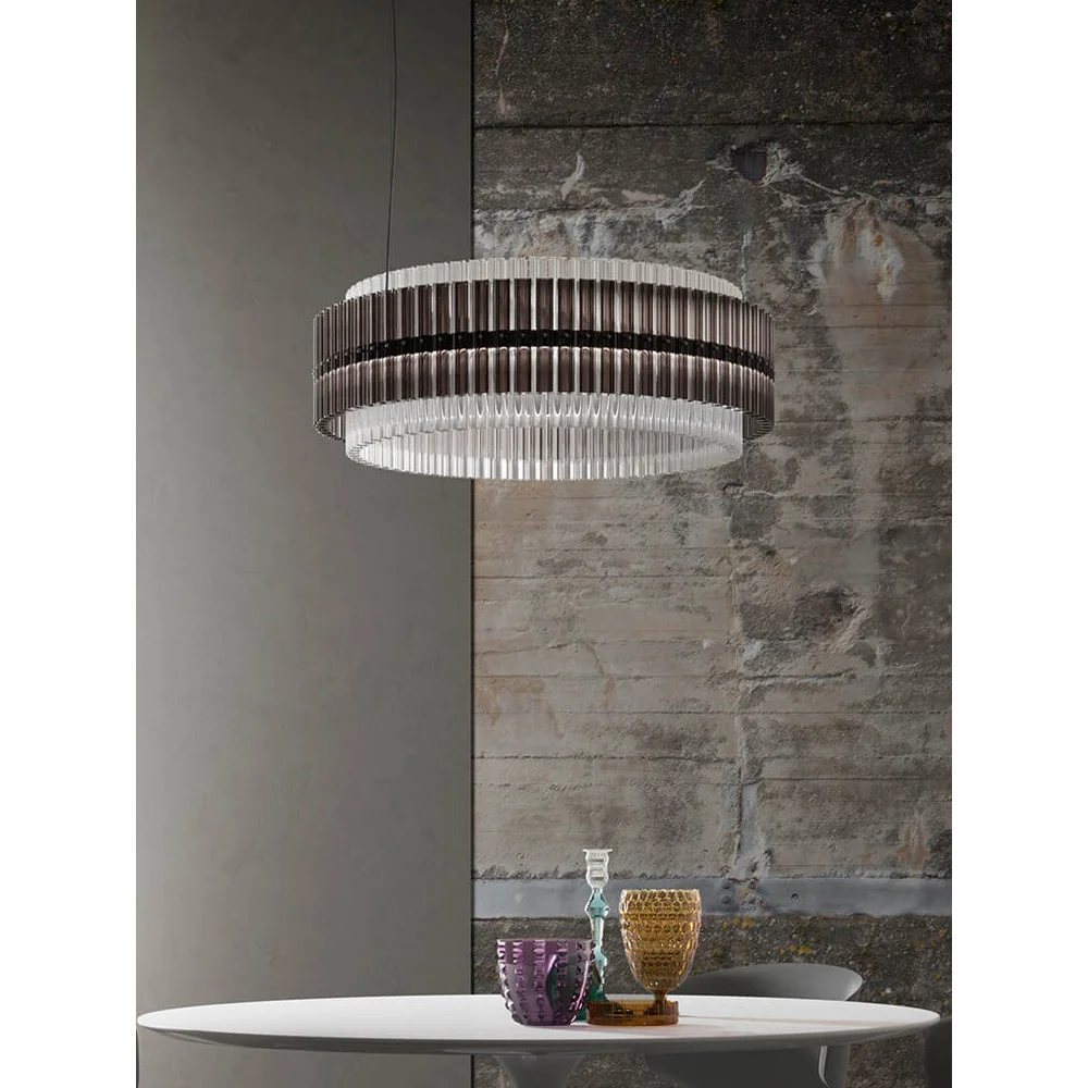 Smoked Crystal Drum Chandelier | Modern Round Pendant Lighting for Dining Room or Foyer Statement Fixture