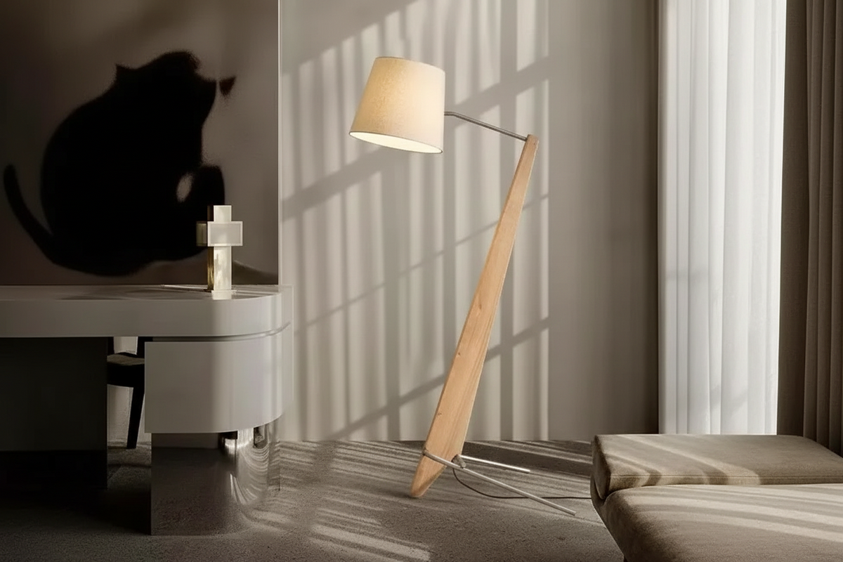 Solid Walnut Floor Lamp 180cm | Angled Wood Standing with Fabric Shade Japandi Living & Reading Casalolalights Luxury