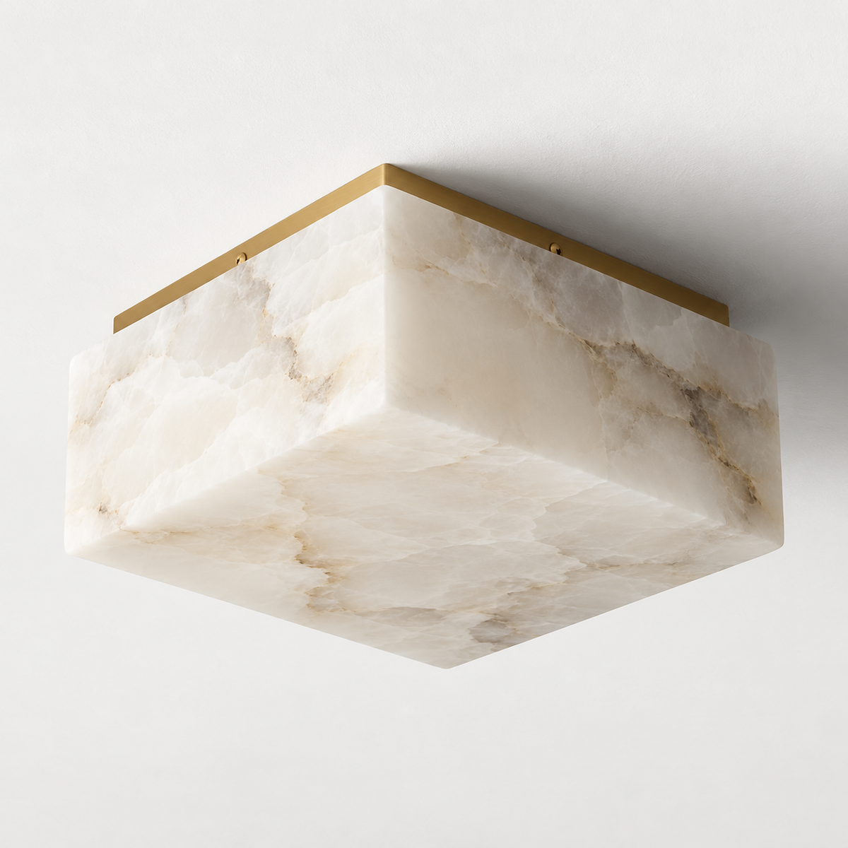 Square alabaster flush mount with brass ceiling frame, switched off.