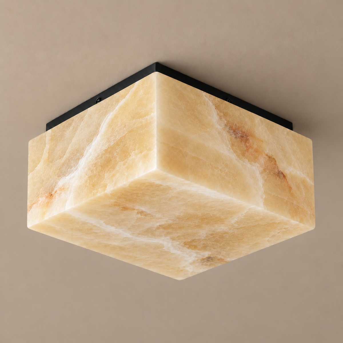 35 cm square honey onyx flush mount with a matte-black ceiling plate, switched off.