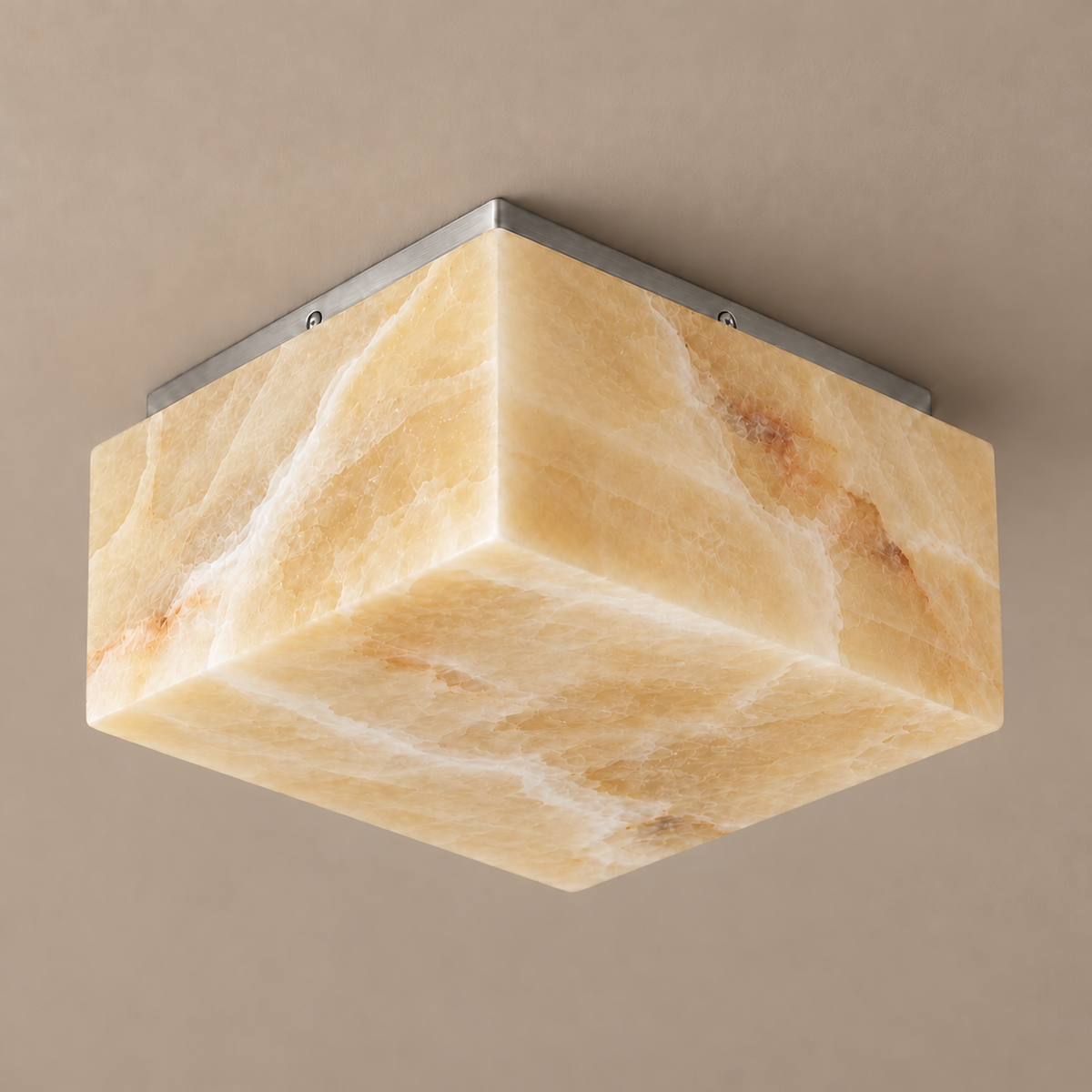 35 cm square honey onyx flush mount with a silver ceiling plate, switched off.