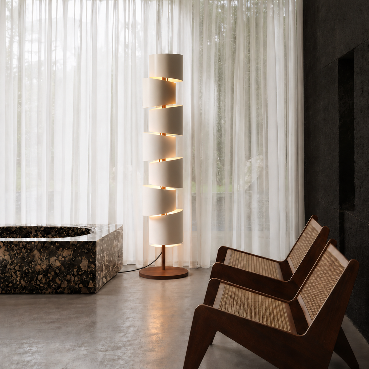 CL7895 stacked cylinder floor lamp beside sheer curtains and cane armchairs