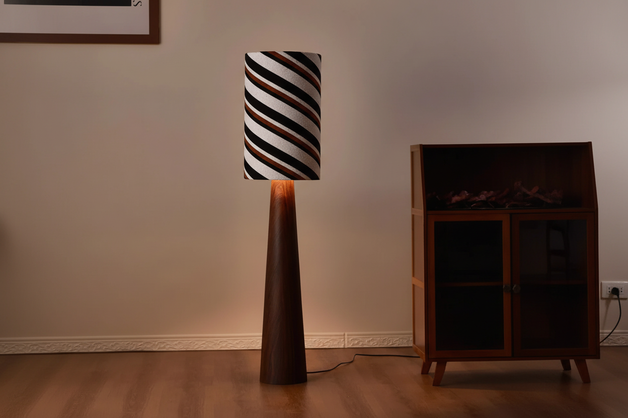 Striped Japandi Floor Lamp | Walnut Base with Sculptural Shade Casalolalights Luxury Lamps for Interior Designers