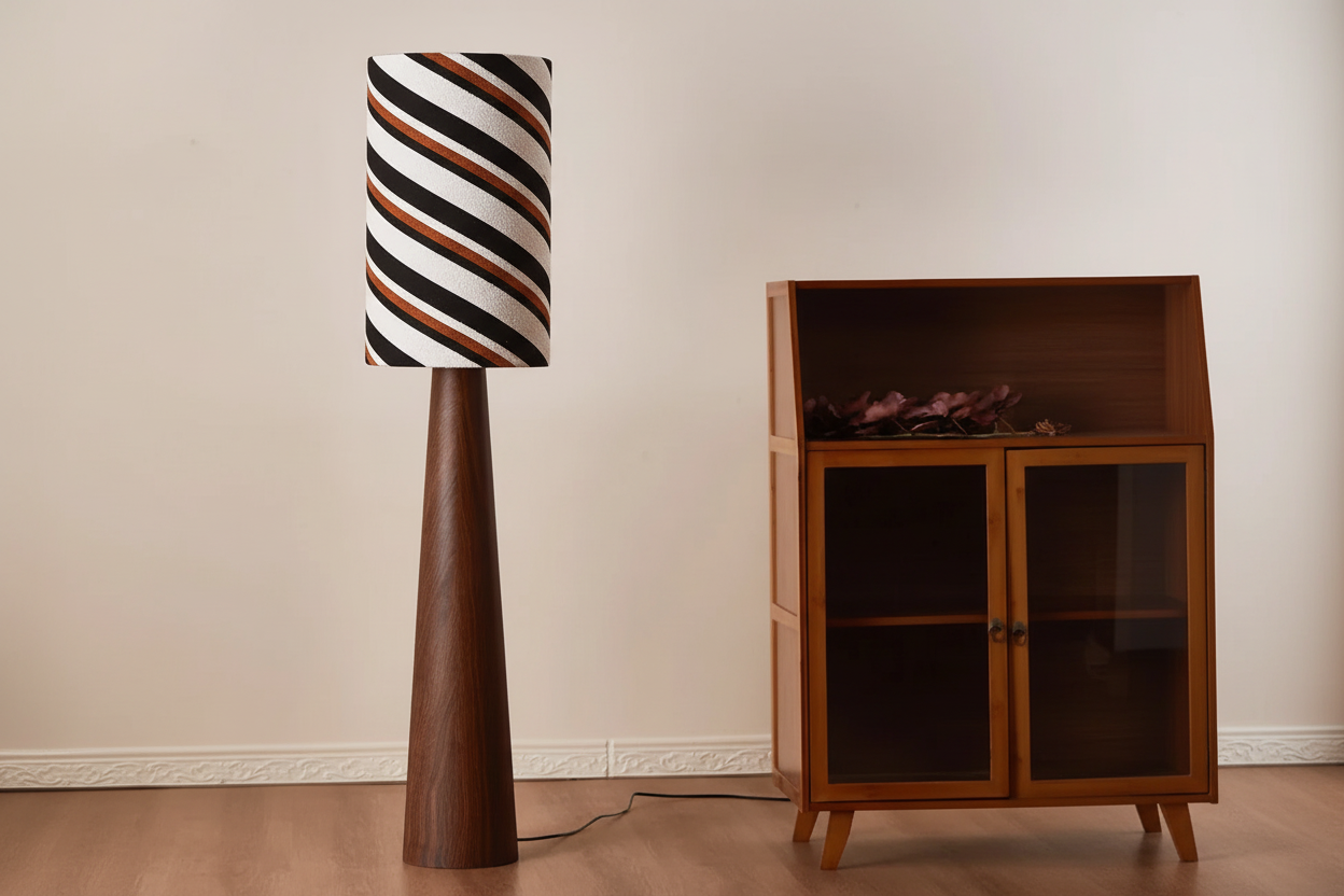 Striped Japandi Floor Lamp | Walnut Base with Sculptural Shade Casalolalights Luxury Lamps for Interior Designers