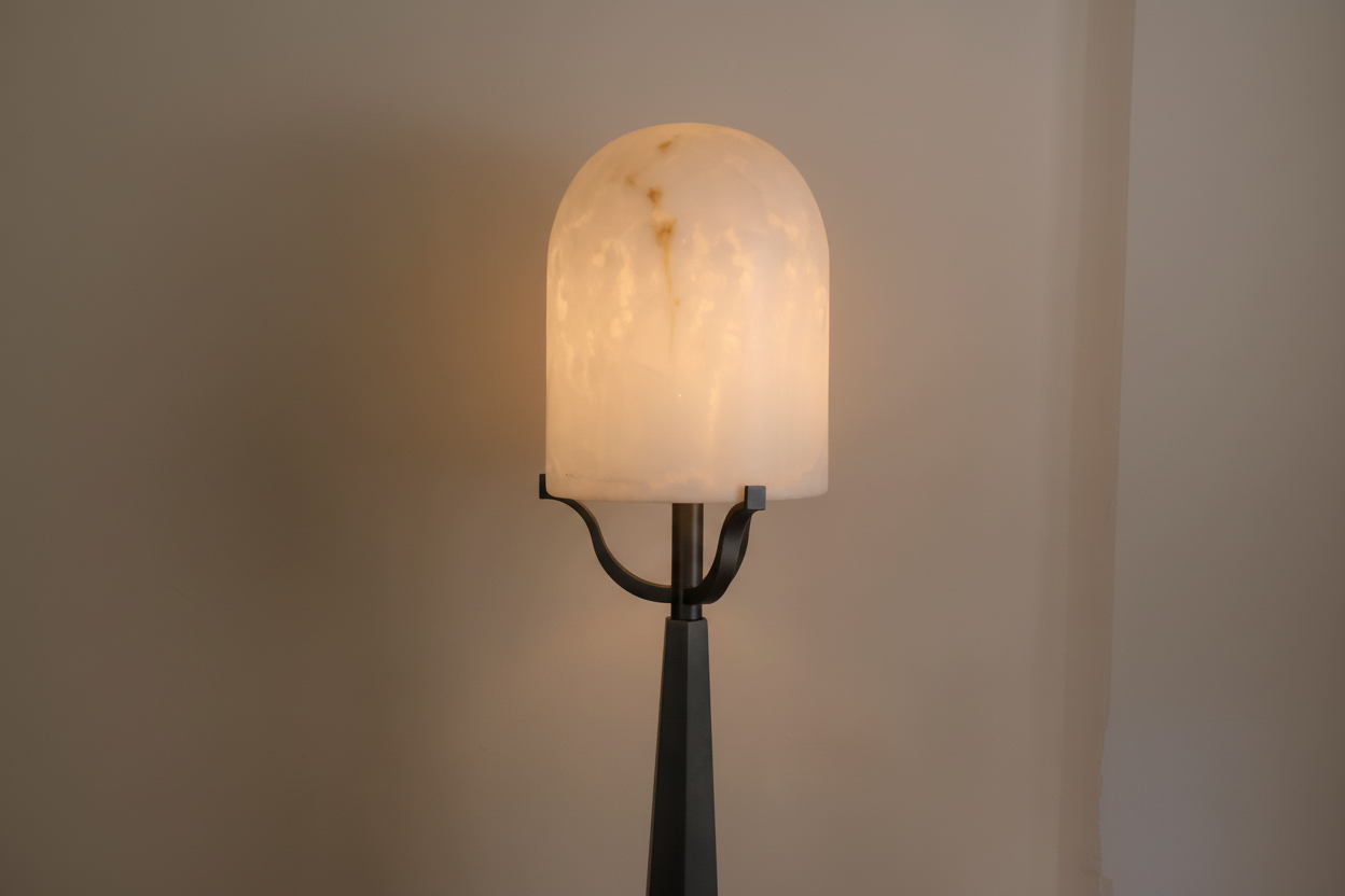Solid Italian Alabaster Dome Floor Lamp | Art Deco Iron Base | 150cm Organic Luxury Lighting | Casalola Lights