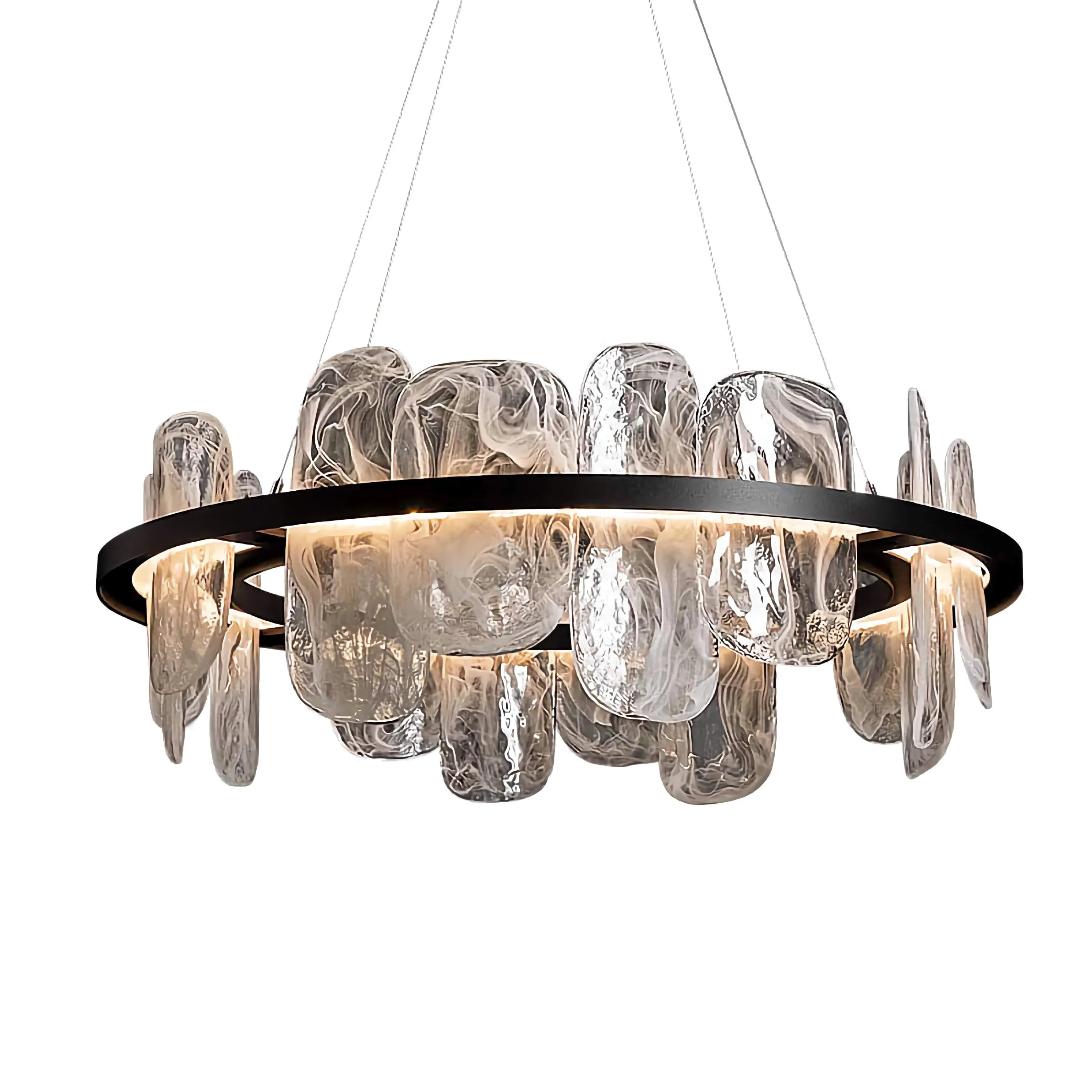 Blown Glass Art Chandelier | Suspended Led Ring with Smoked Crystal Shards | Modern Statement Light for Dining or Lobby
