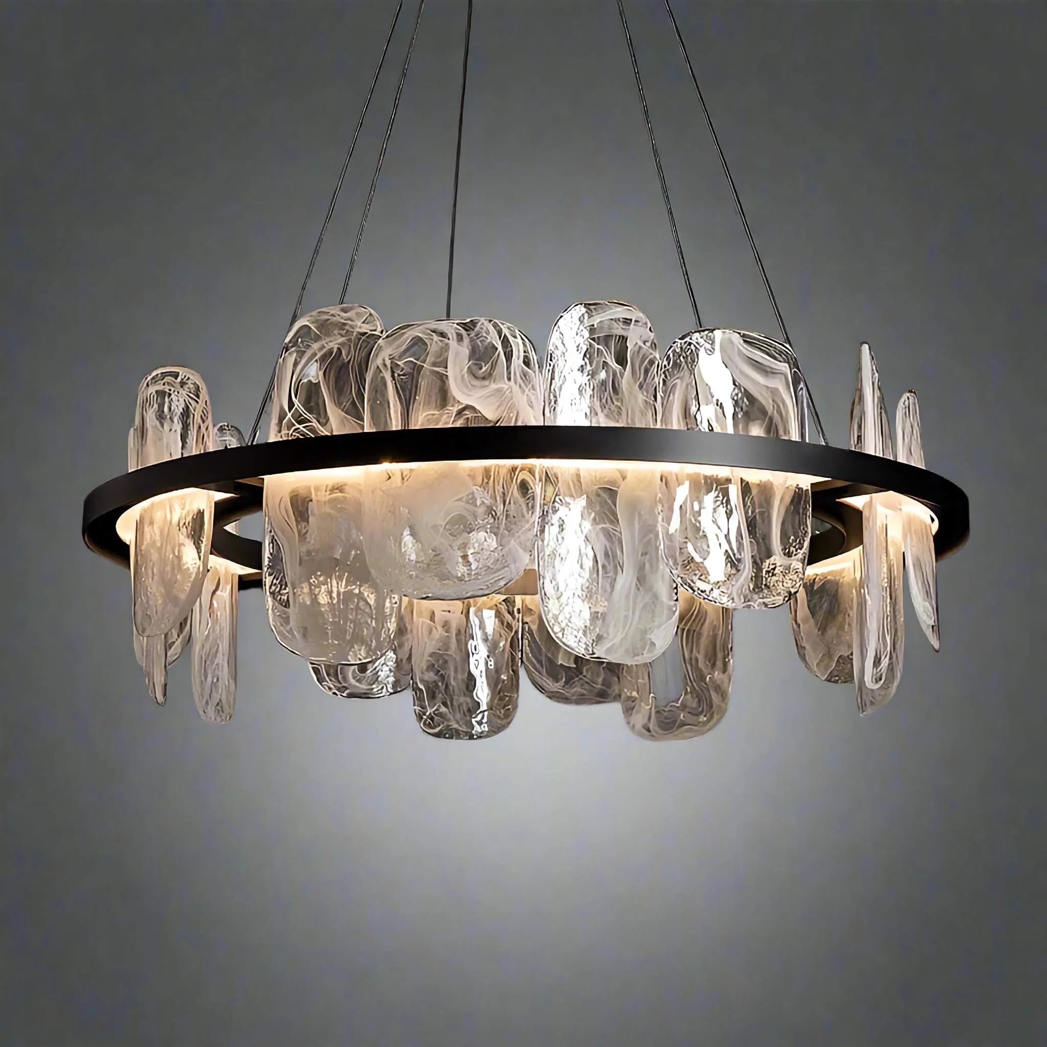 Blown Glass Art Chandelier | Suspended Led Ring with Smoked Crystal Shards | Modern Statement Light for Dining or Lobby