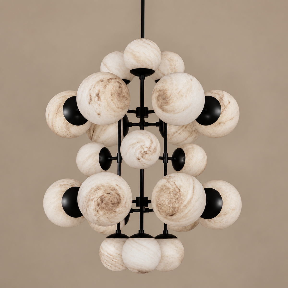 Alabaster or Glass Globe Chandelier for Foyer Stairwell | 19 Spheres 44.5 in Tall Brass Black Casalola Lights Luxury