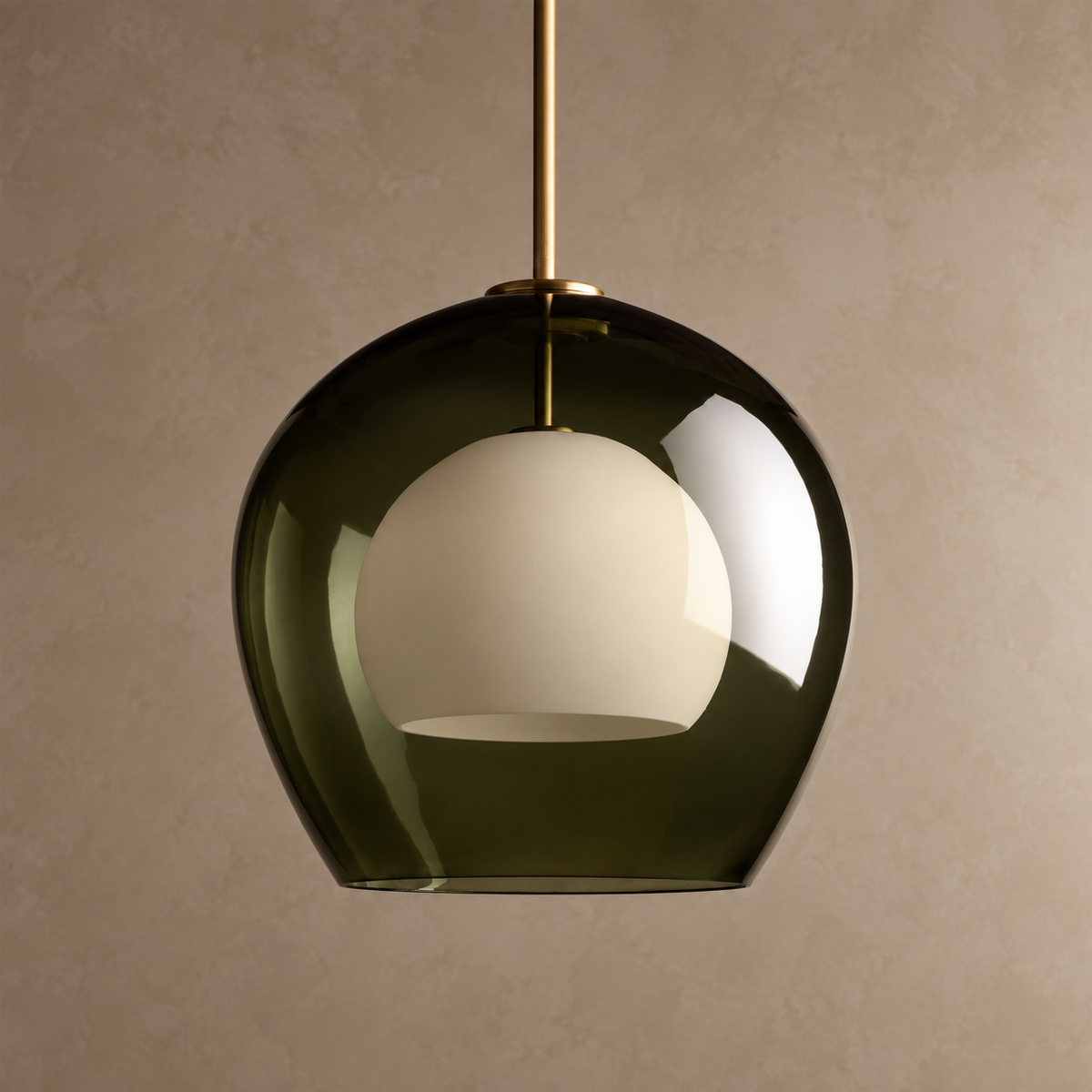 Green Glass Globe Pendant Brass | White Core Spreads the Light so Glows Entrance or Row Casalola Lights Luxury Lamps