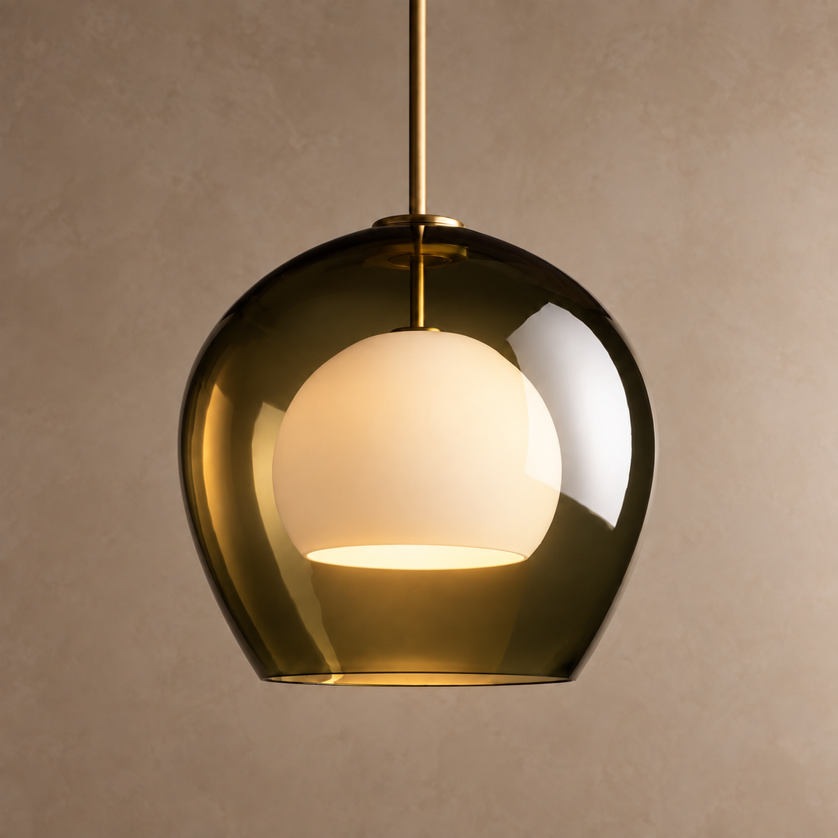 Green Glass Globe Pendant Brass | White Core Spreads the Light so Glows Entrance or Row Casalola Lights Luxury Lamps