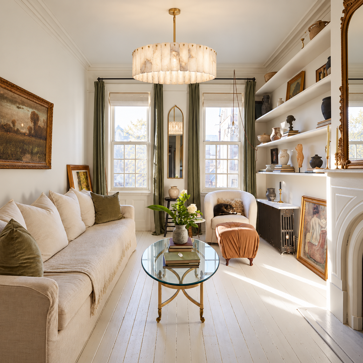 Matra alabaster drum chandelier installed in a living room with green curtains and white shelving.