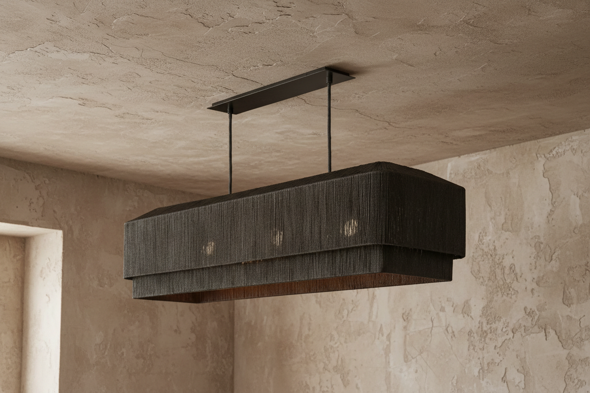 Black Rattan Linear Chandelier Copper | Glare Free Over a Dining Table or Island Custom Stem Length Casalola Lights