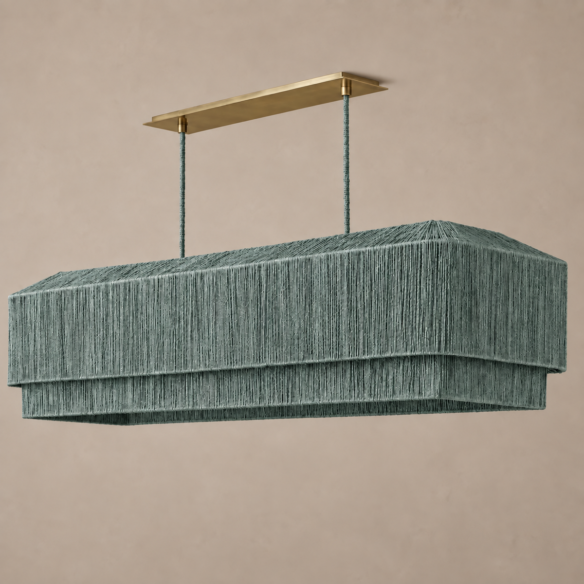 Green rattan linear chandelier for kitchen island, two-tier hand-woven sage green shade with brass canopy