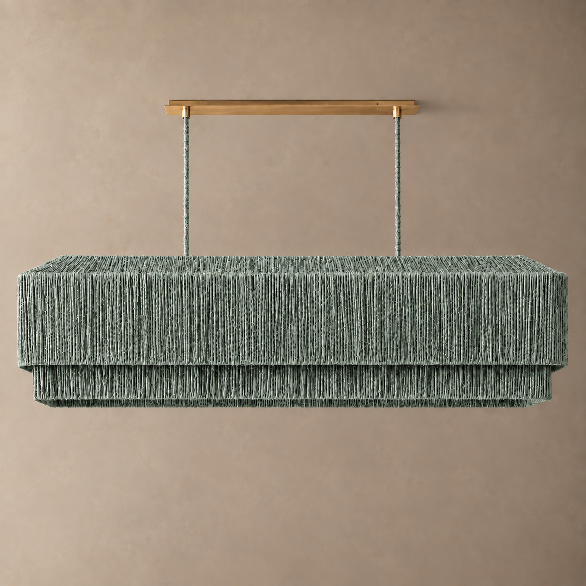 Sage green woven rattan linear chandelier for dining room, 120 cm, fibre-wrapped stems, shown unlit
