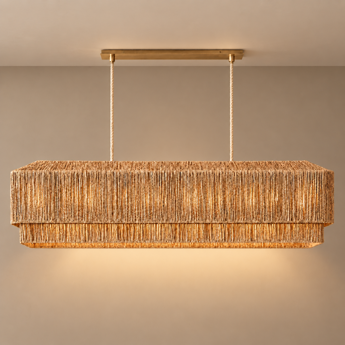 Rattan Linear Chandelier Copper Frame | Woven Strands Filter the Light Compact Kitchen Island Casalola Lights Luxury