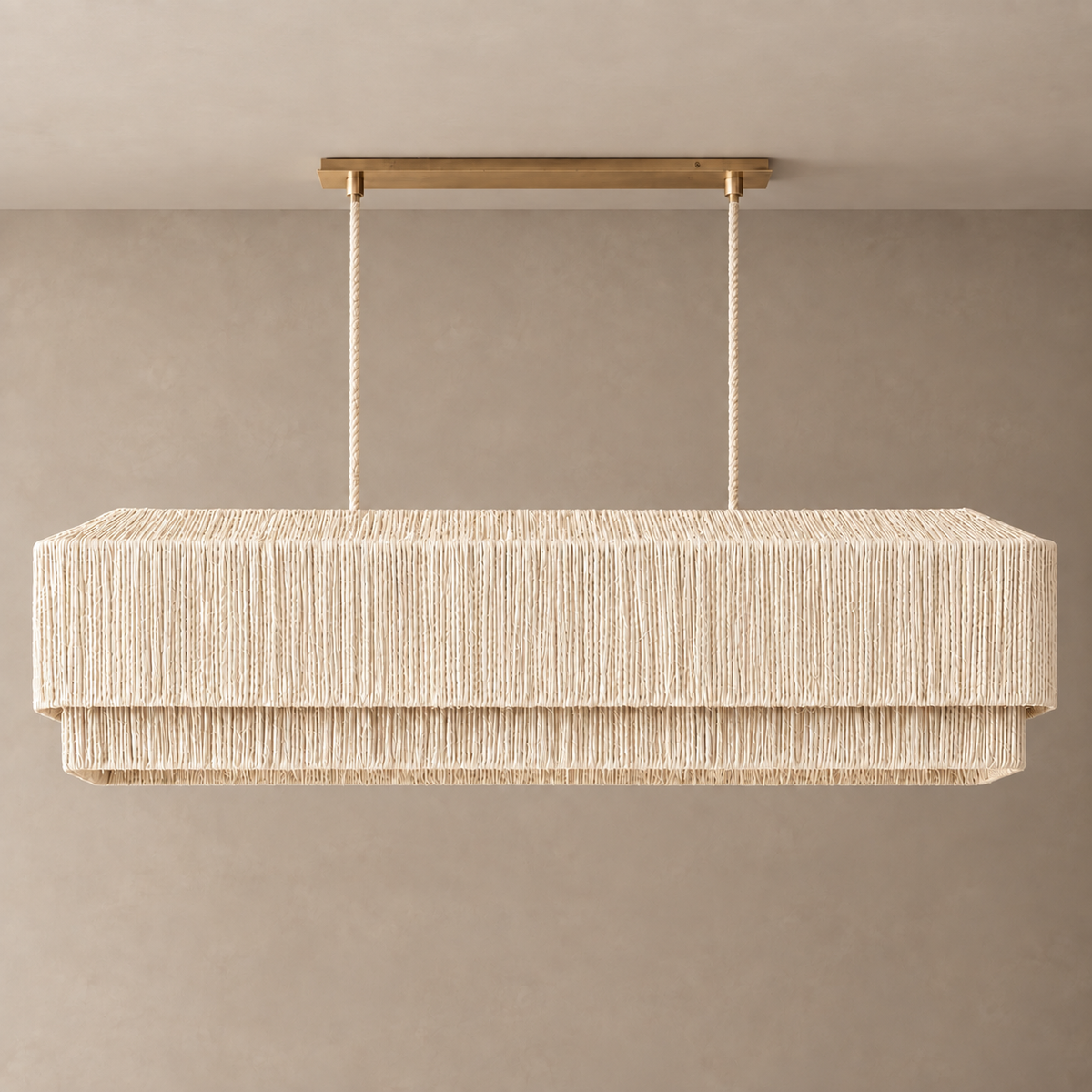 White Rattan Linear Chandelier for Dining Table and Kitchen Island | Large Hand Woven Copper Coastal Casalola Lights
