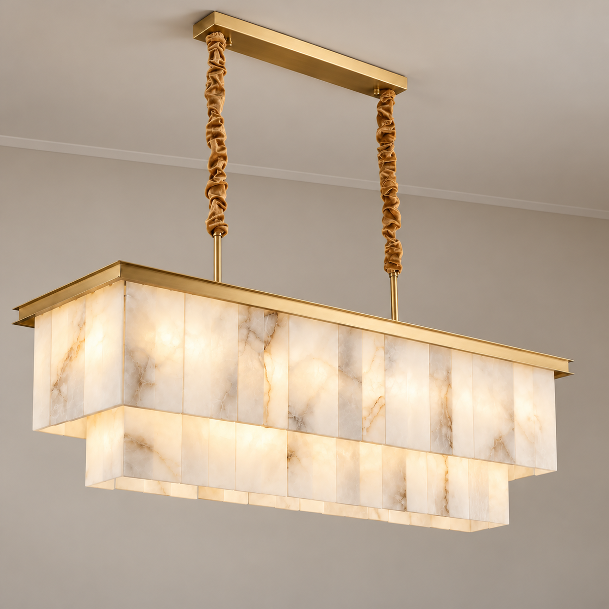 Angled view of illuminated Volterra alabaster chandelier