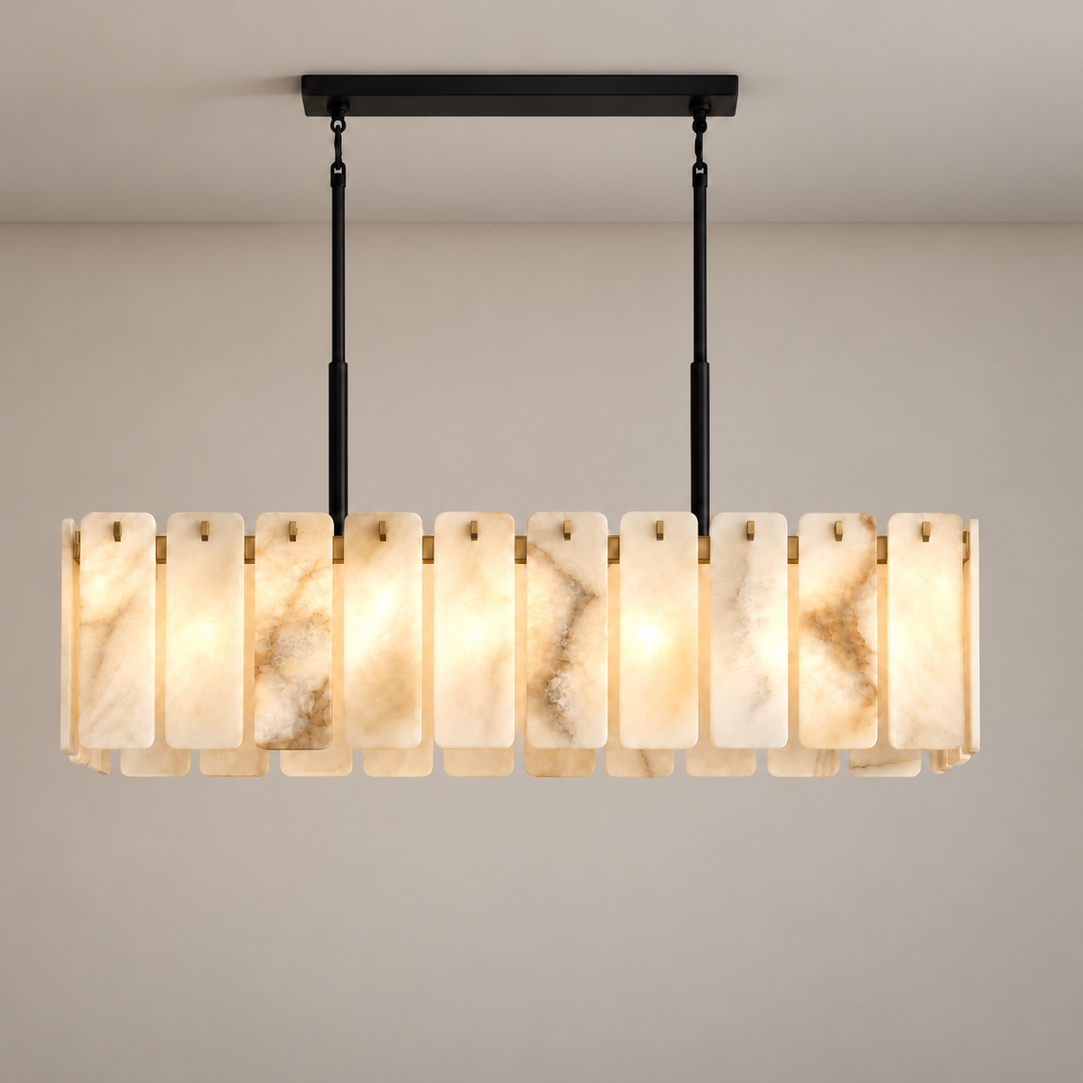Voltesio black chandelier illuminated, with natural cloudy alabaster panels.