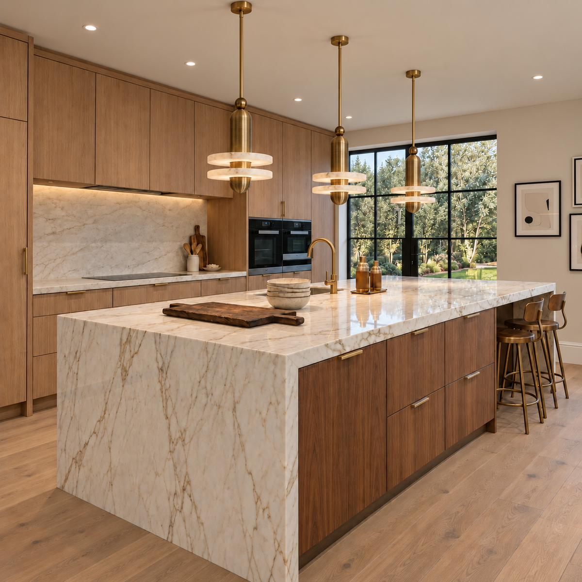 Three Volto alabaster pendants suspended over a kitchen island