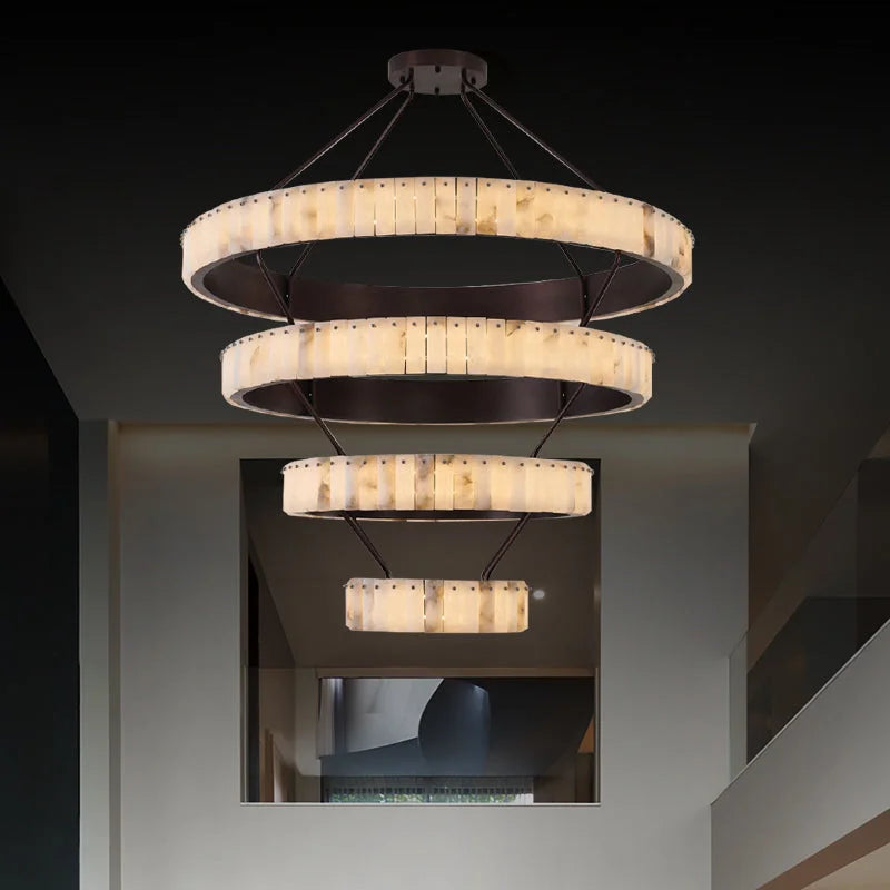 Tiered Alabaster Spiral Chandelier | Grand Stairwell Statement Light