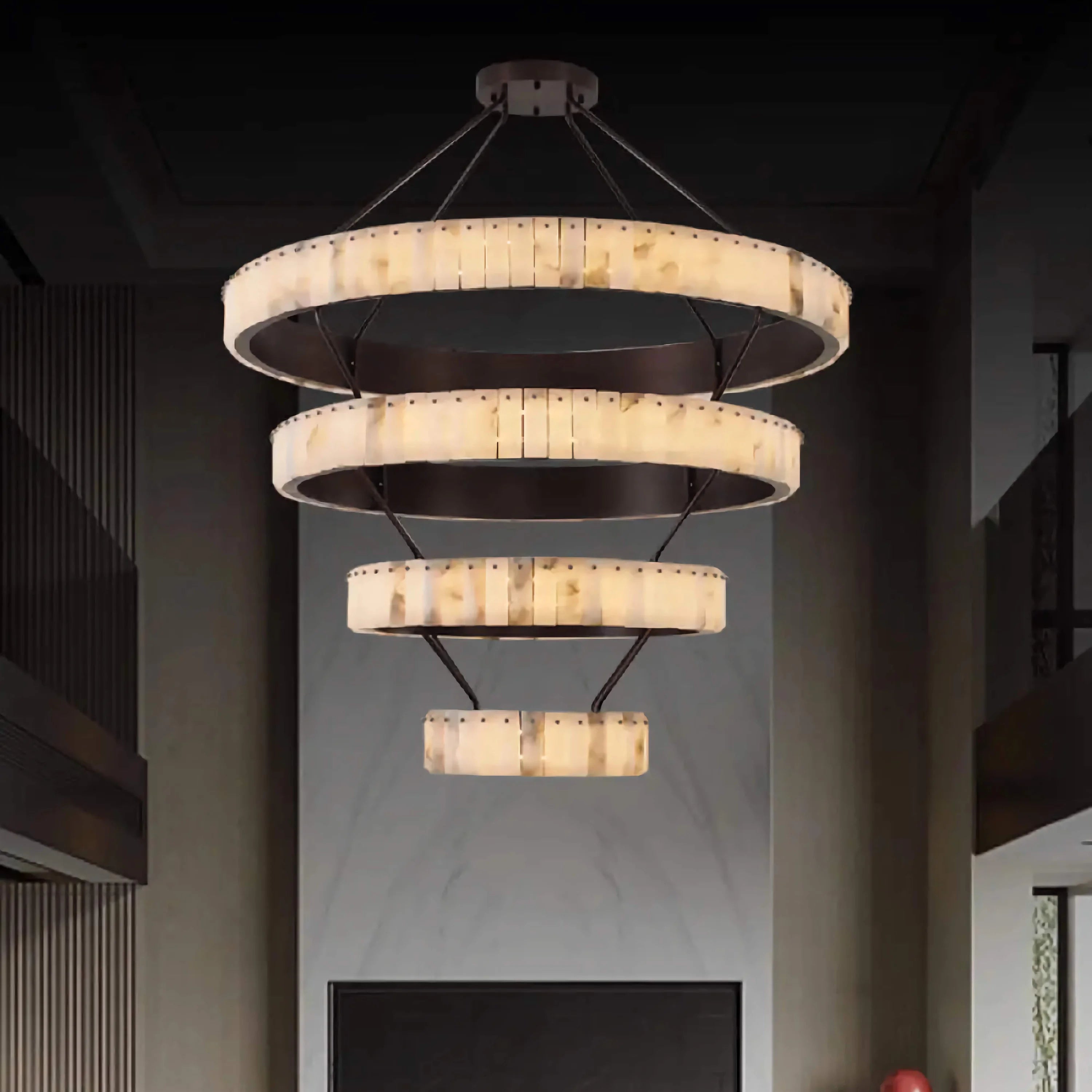 Tiered Alabaster Spiral Chandelier | Grand Stairwell Statement Light