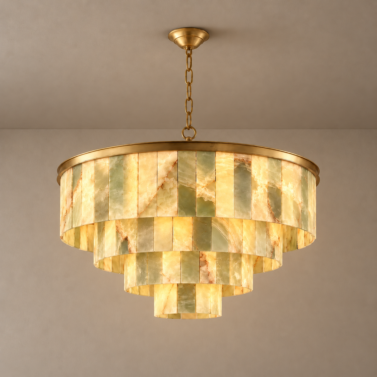 Tiered Green Onyx Chandelier with 2 to 5 Tier illuminated, with the same natural stone bands visible. 4 tiers: 80 cm diameter × 48 cm body height; 50 cm chain.