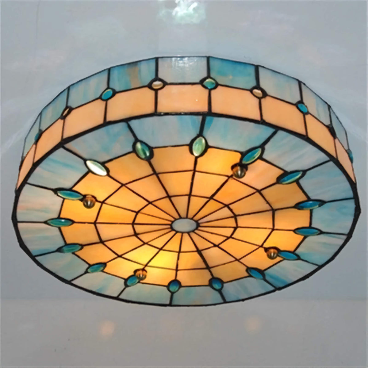 Blue Stained Glass Flush Mount Hand Leaded | Shallow for a Low Ceiling Three Sizes from Hallway Up Casalola Lights