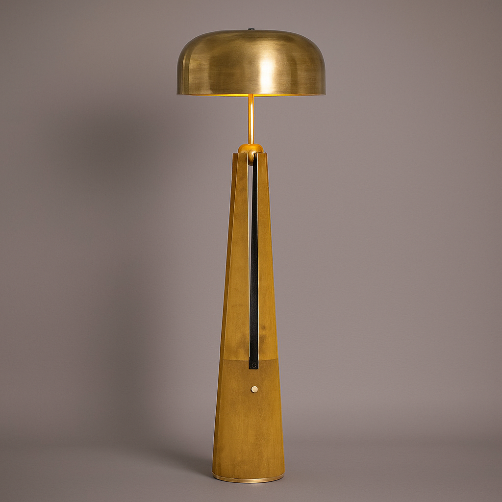 Brass & Leather Dome Floor Lamp | Downlight for Reading Chair 145cm Tall Weighted Base Dimmable Option Casalola Lights