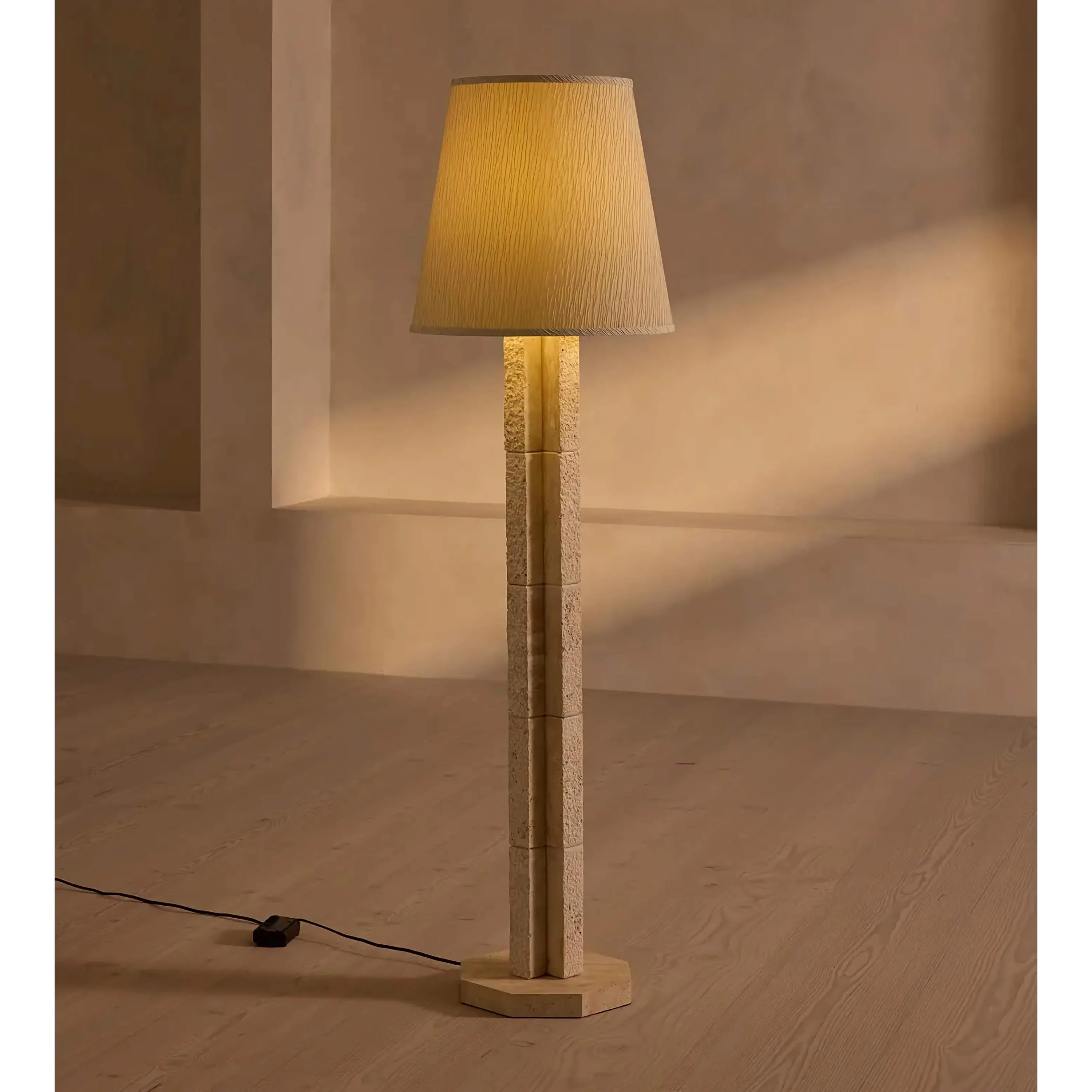 Living Room Travertine Block Floor Lamp – Minimalist Mediterranean Statement Lighting