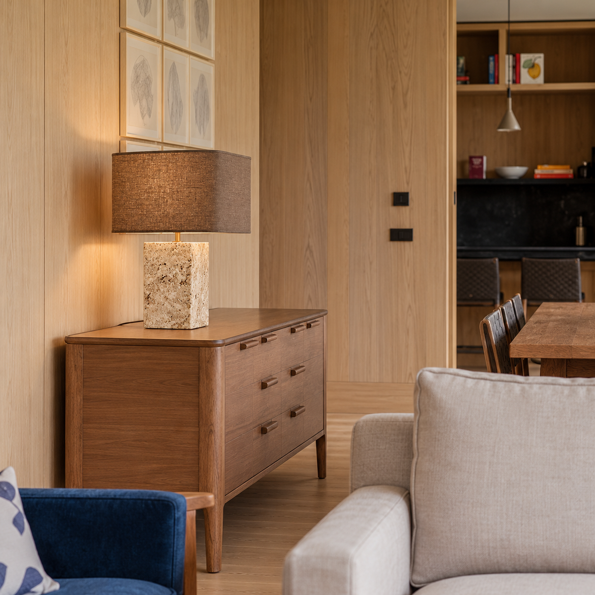 Travertine and brass table lamp on a wooden cabinet in a daylight living room.