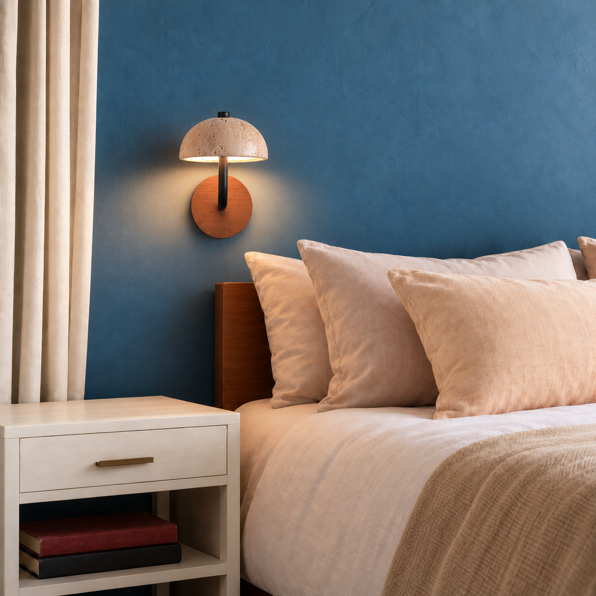 Travertine dome wall light centered over its wooden backplate beside a bed.