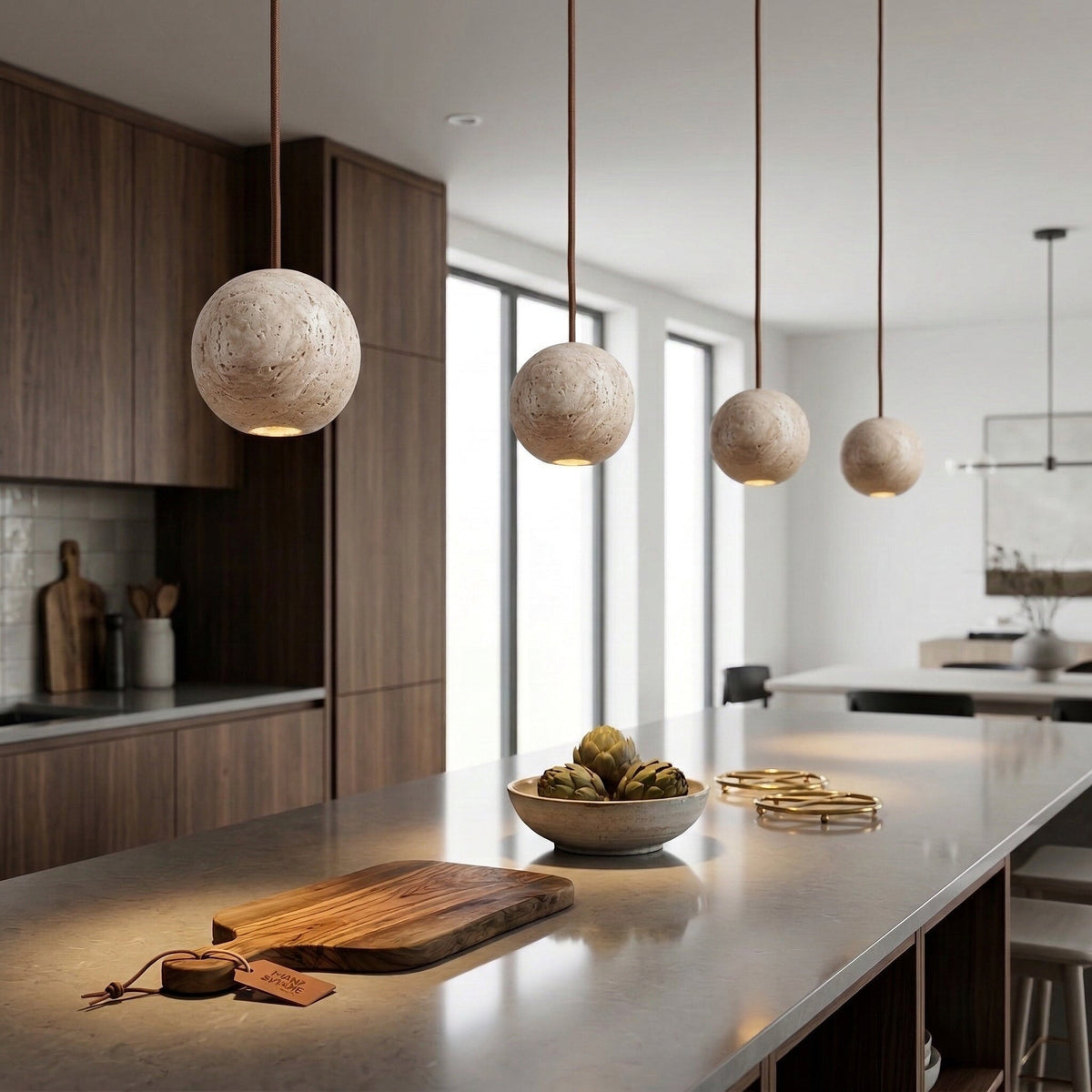 Travertine Globe Pendant 10cm | Solid Natural Stone Sphere Light Organic Japandi Stairwell & Island Casalolalights