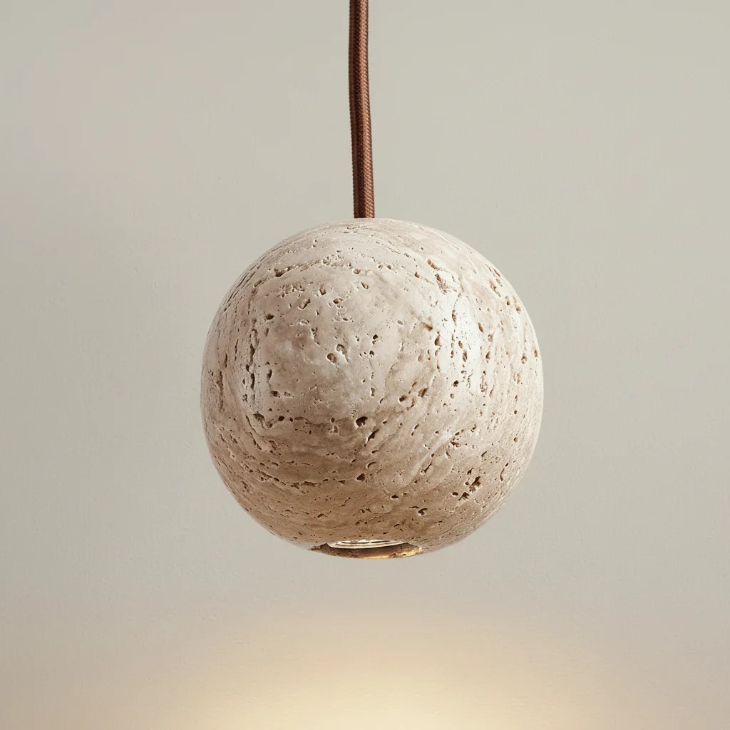 Travertine Globe Pendant 10cm | Solid Natural Stone Sphere Light Organic Japandi Stairwell & Island Casalolalights