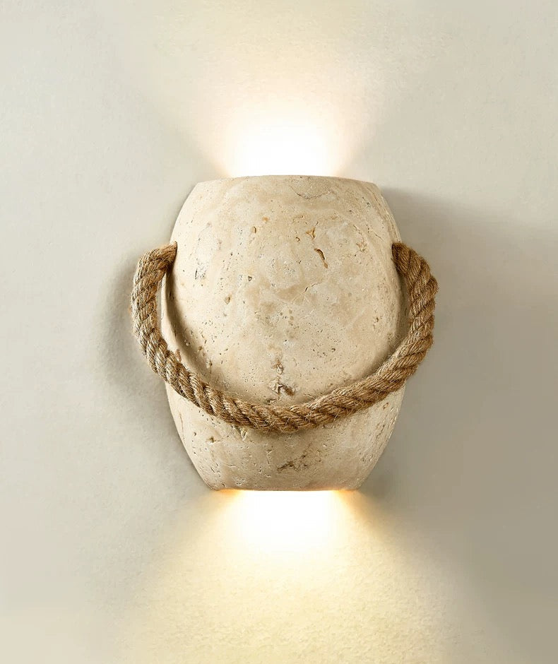 Travertine Wall Sconce – Natural Stone & Rope G9 Light for Hallway Bedroom or Staircase