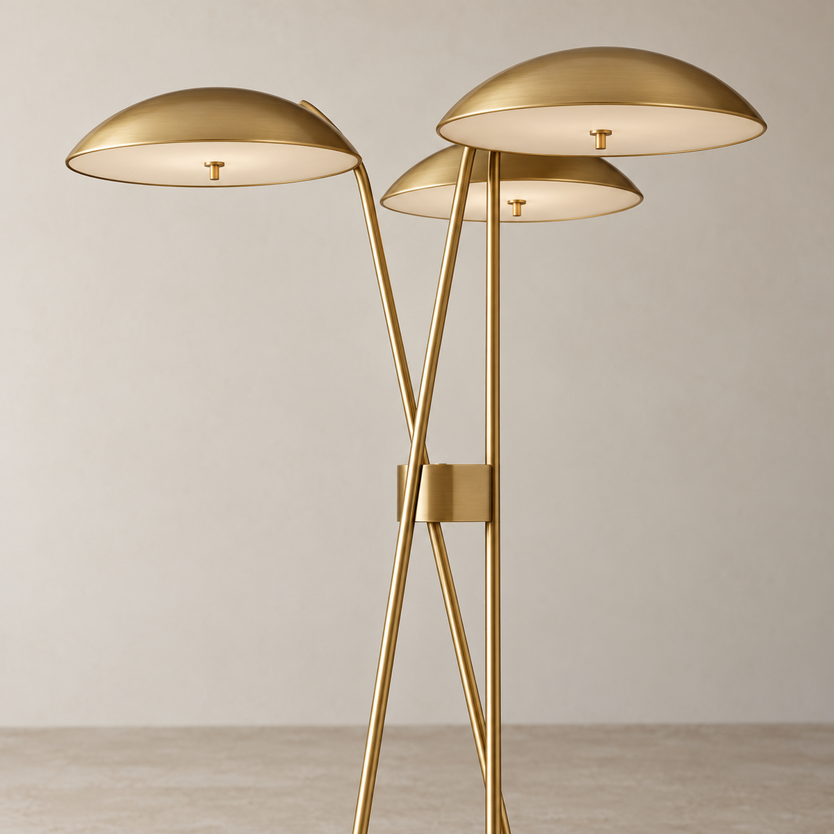 Close view of Trilume’s three copper shades, pale undersides and crossing support rods.
