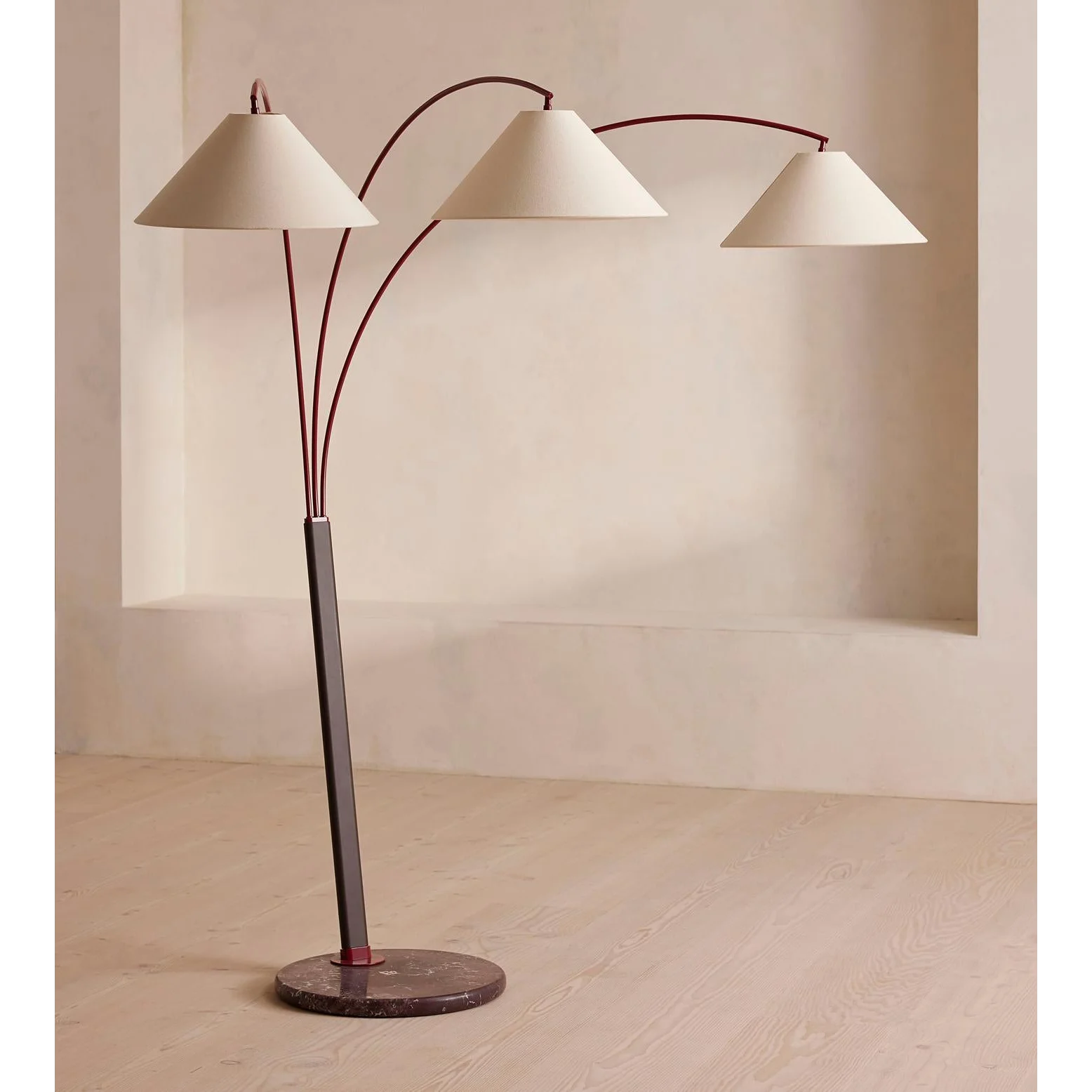Living Room Triple Arm Red Metal & Brown Marble Floor Lamp – Mid Century Arc Lighting with Cone Linen Shades Soft Glow