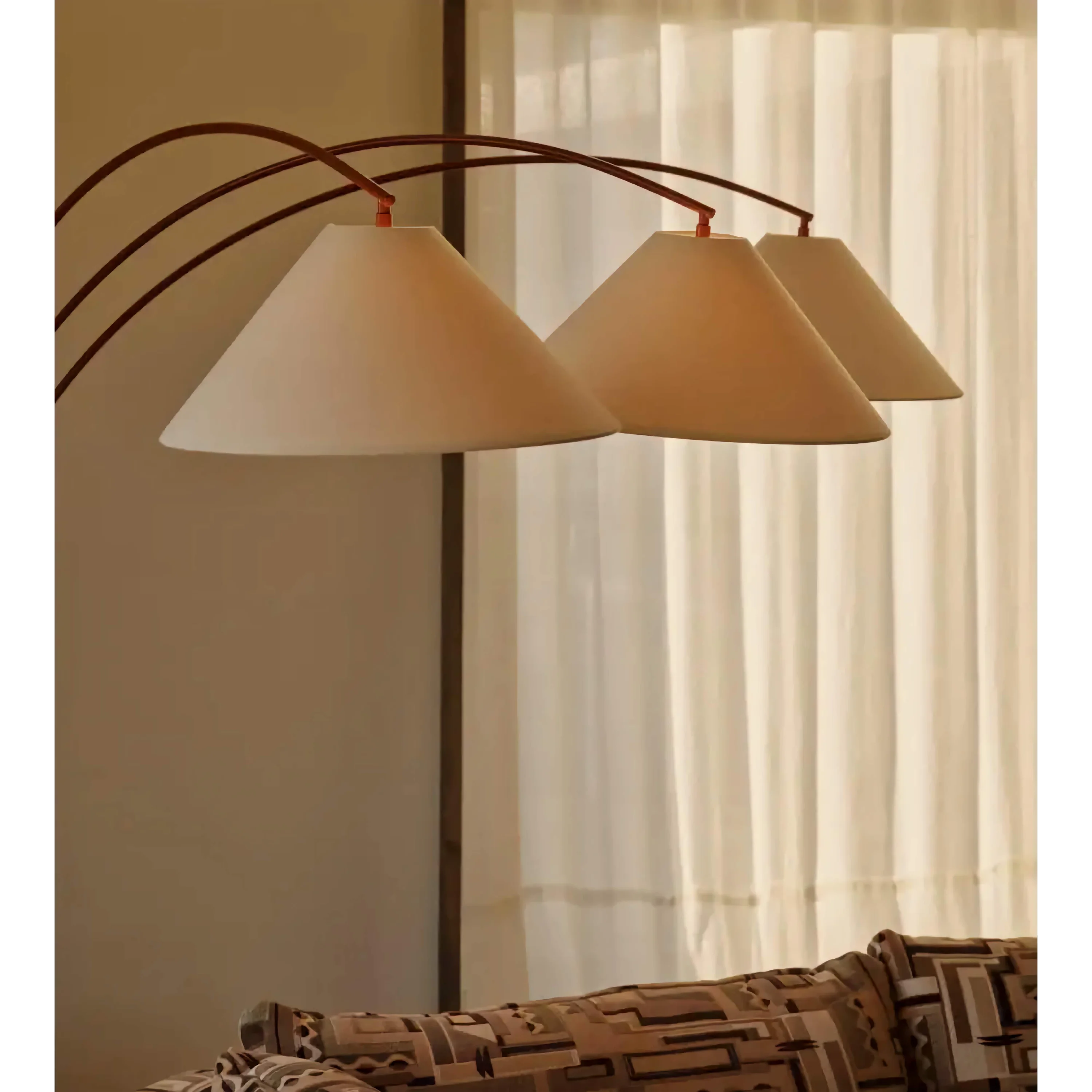 Living Room Triple Arm Red Metal & Brown Marble Floor Lamp – Mid Century Arc Lighting with Cone Linen Shades Soft Glow