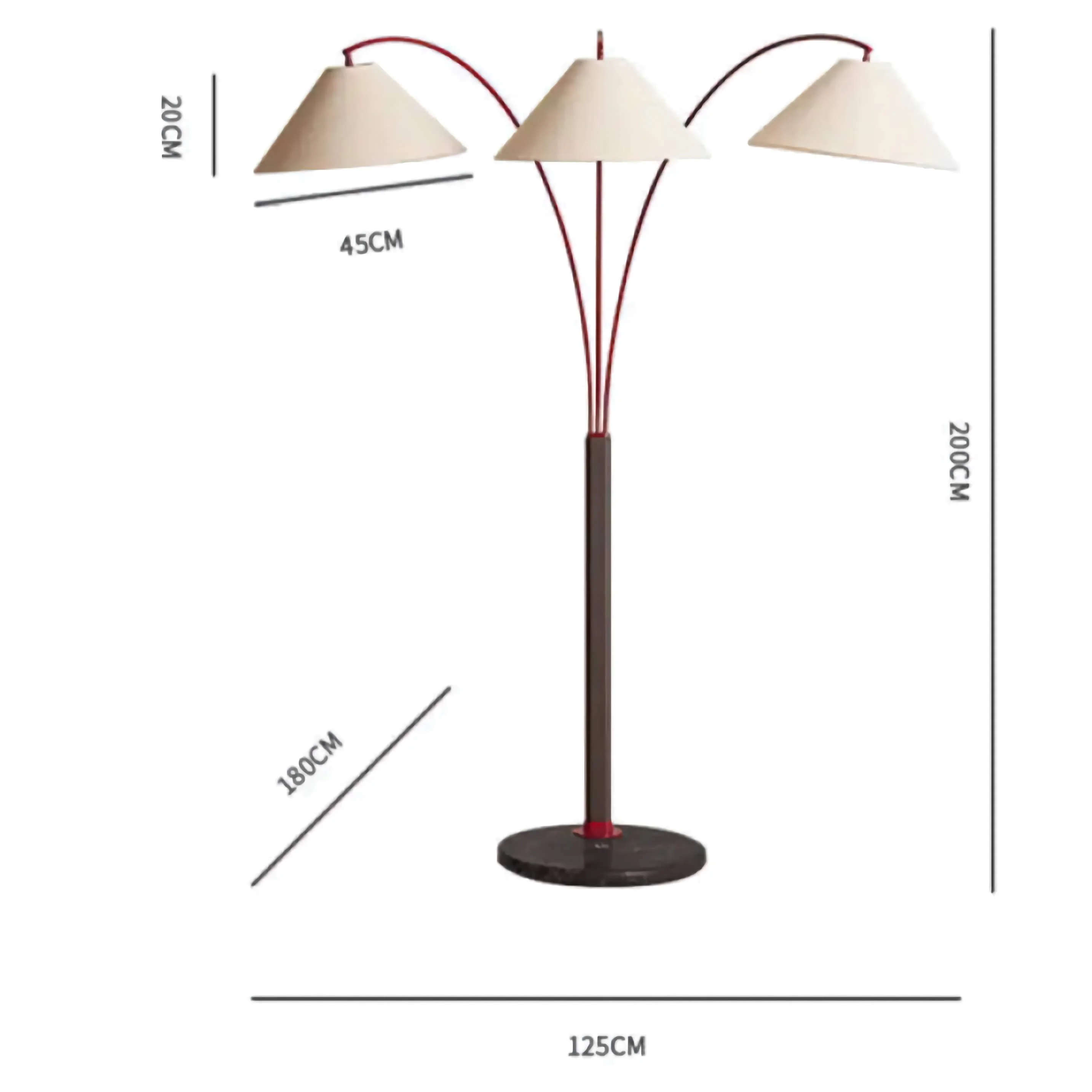 Living Room Triple Arm Red Metal & Brown Marble Floor Lamp – Mid Century Arc Lighting with Cone Linen Shades Soft Glow