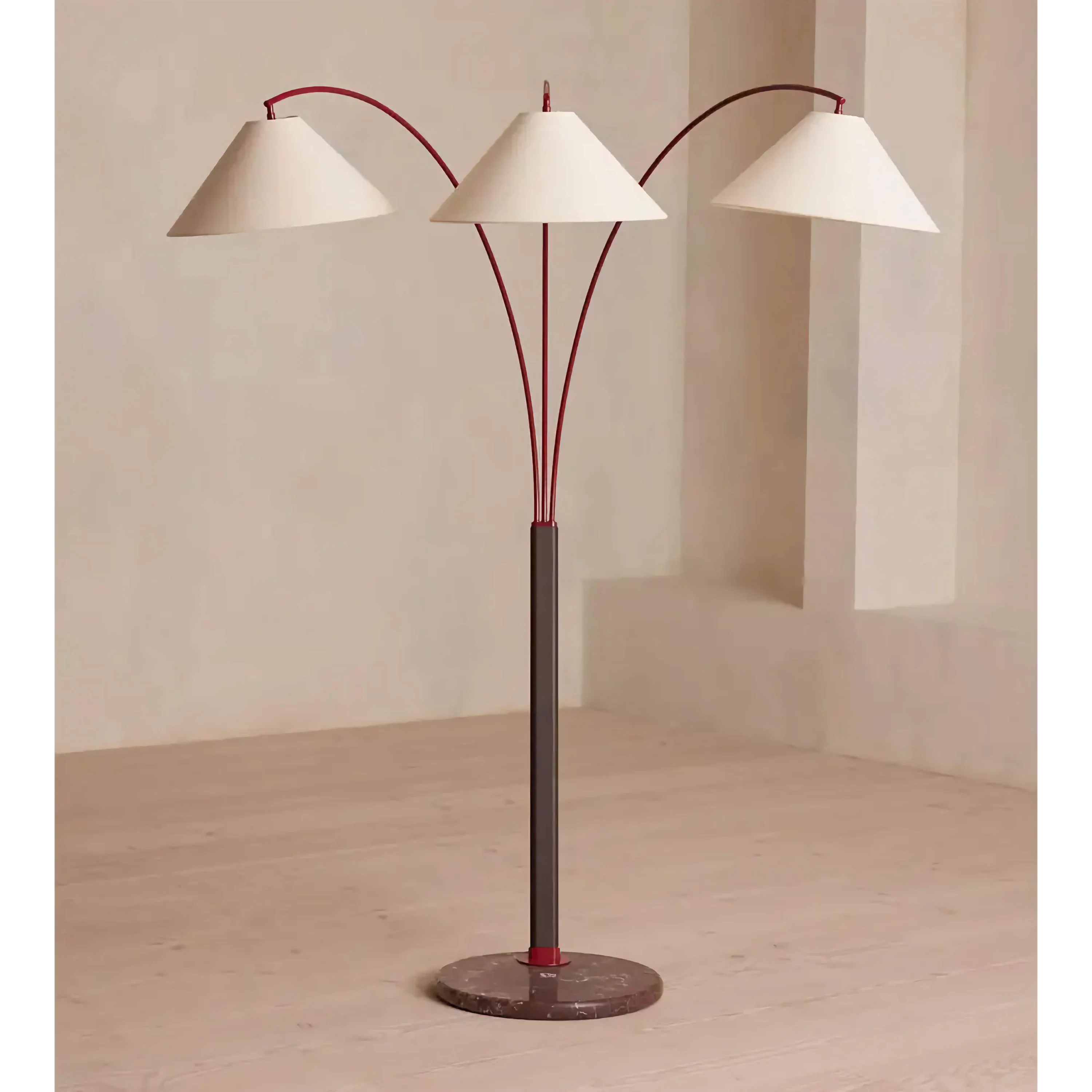 Living Room Triple Arm Red Metal & Brown Marble Floor Lamp – Mid Century Arc Lighting with Cone Linen Shades Soft Glow