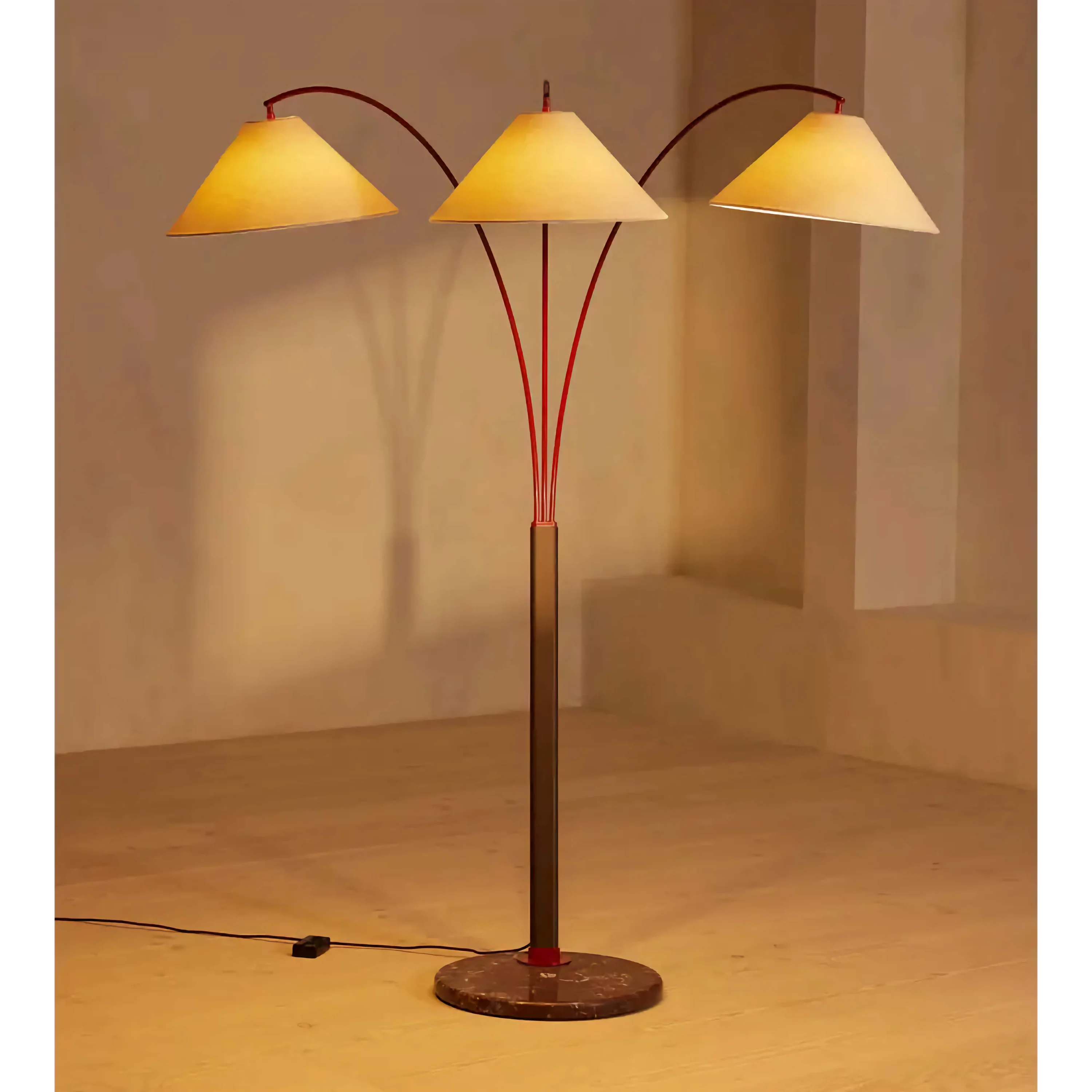 Living Room Triple Arm Red Metal & Brown Marble Floor Lamp – Mid Century Arc Lighting with Cone Linen Shades Soft Glow