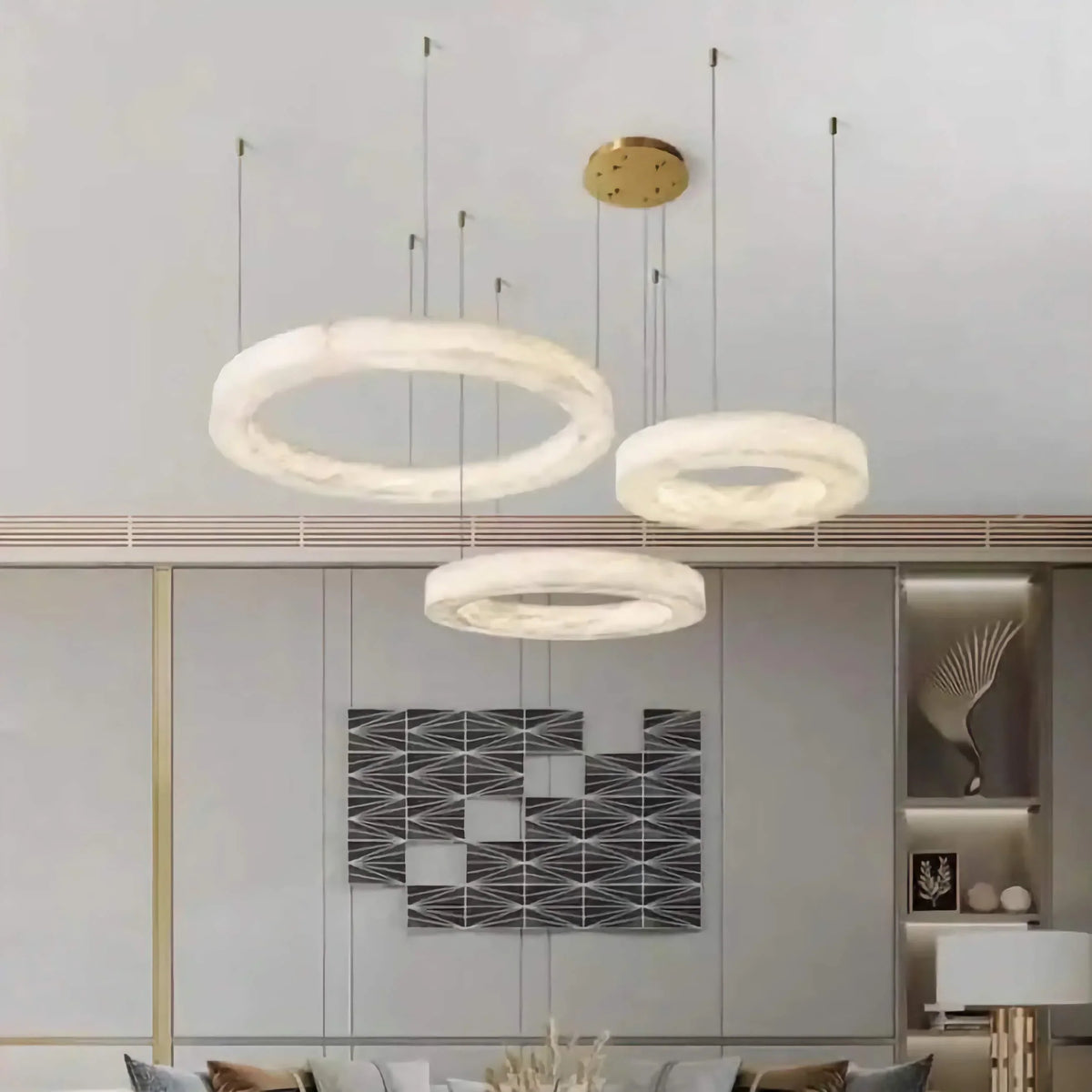 Alabaster Halo Chandelier for Dining Room or Stairwell | Three Rings Casalola Lights Luxury Lamps Interior Designers
