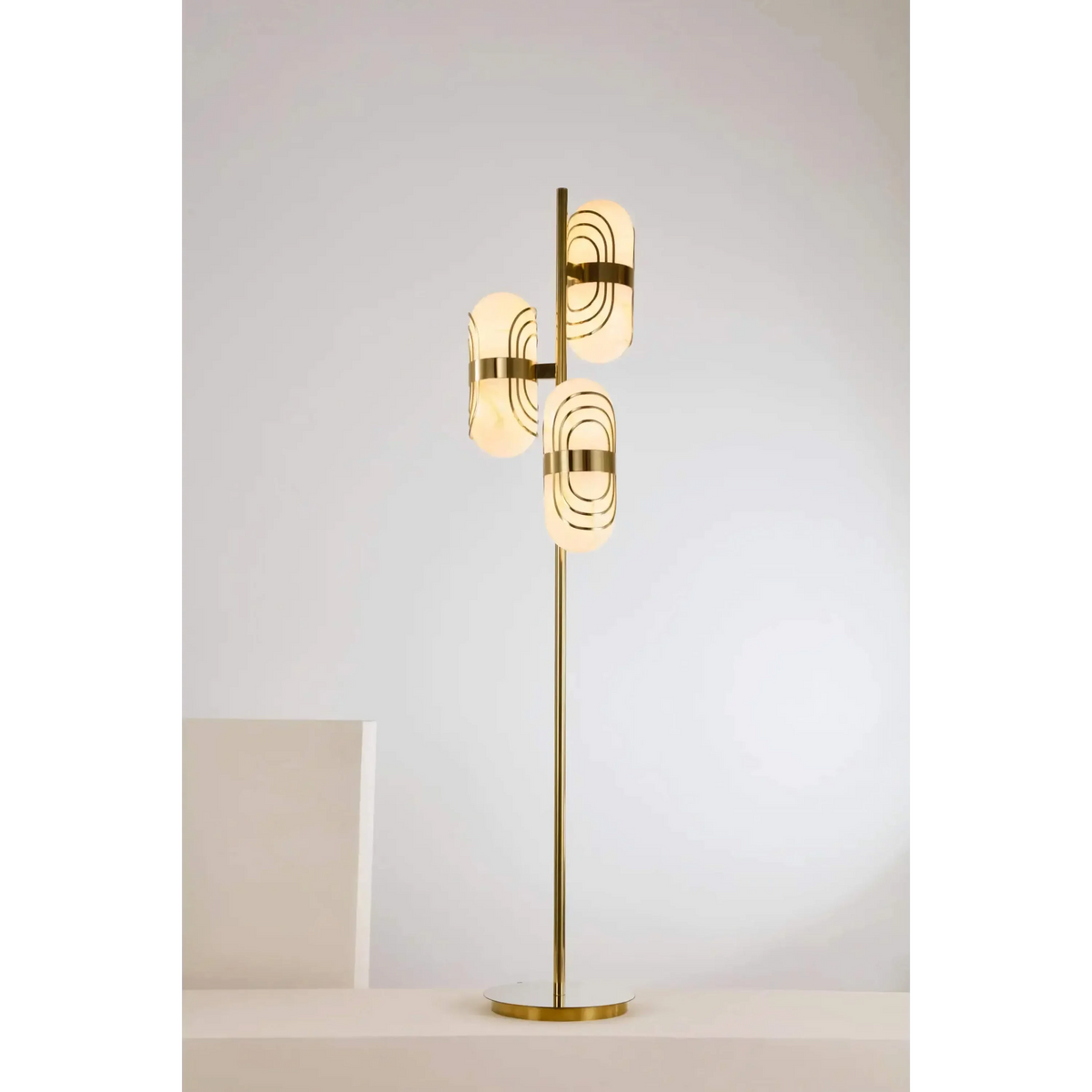Brass 3-light Floor Lamp | Floating-shade Sculptural Art Deco Modern Living Room & Entry Casalolalights Luxury Lamps