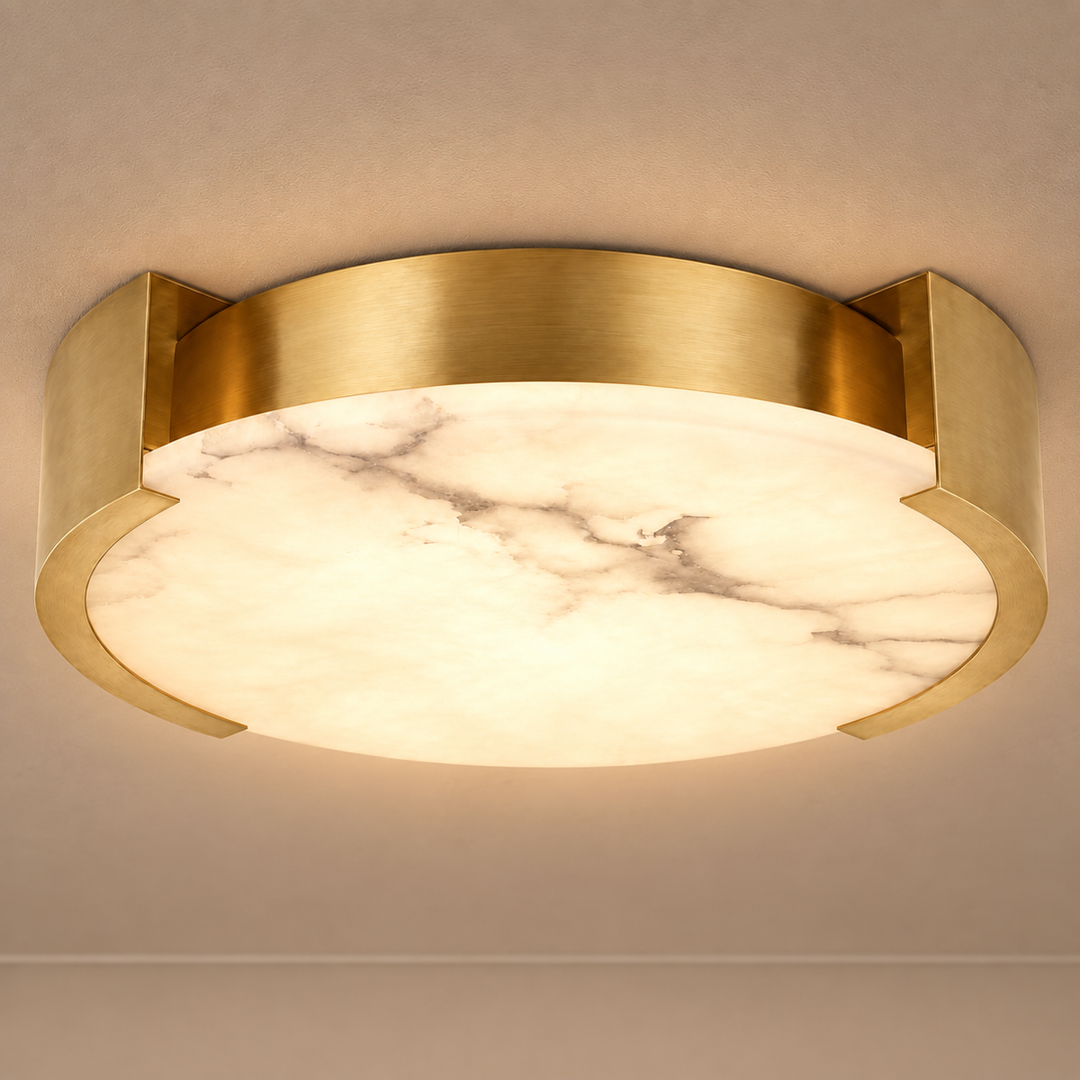 Genuine Alabaster Round Flush Mount for Low Ceiling Brass or Silver | Art Deco Dimmable Option Casalola Lights Luxury