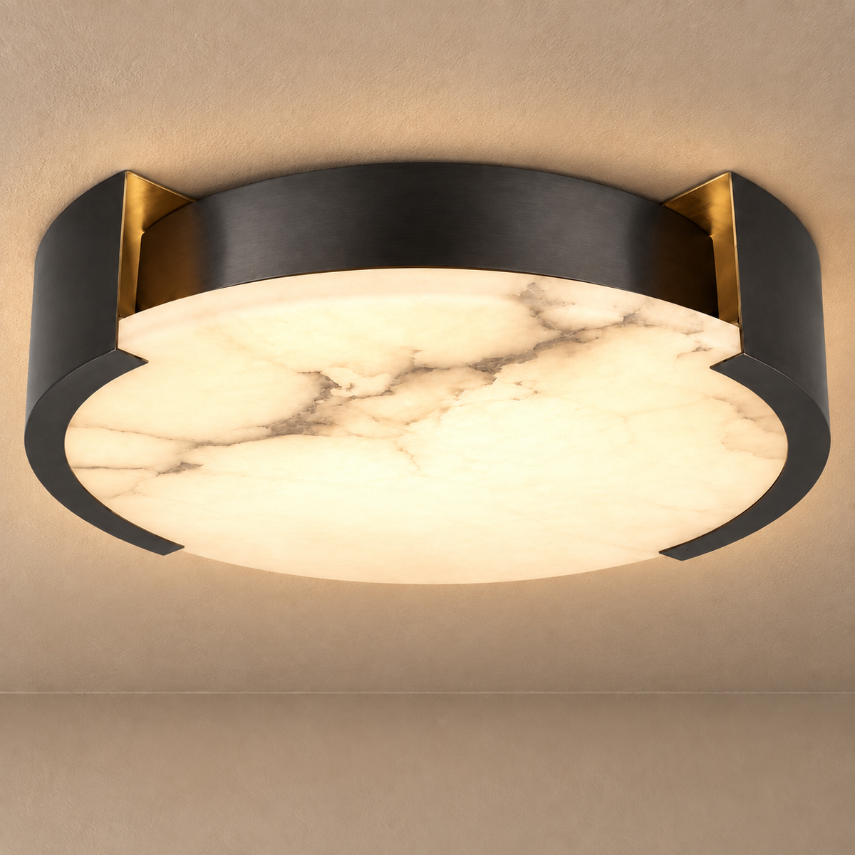 Genuine Alabaster Round Flush Mount for Low Ceiling Black | 5 Light Dimmable Option Entryway Casalola Lights Luxury