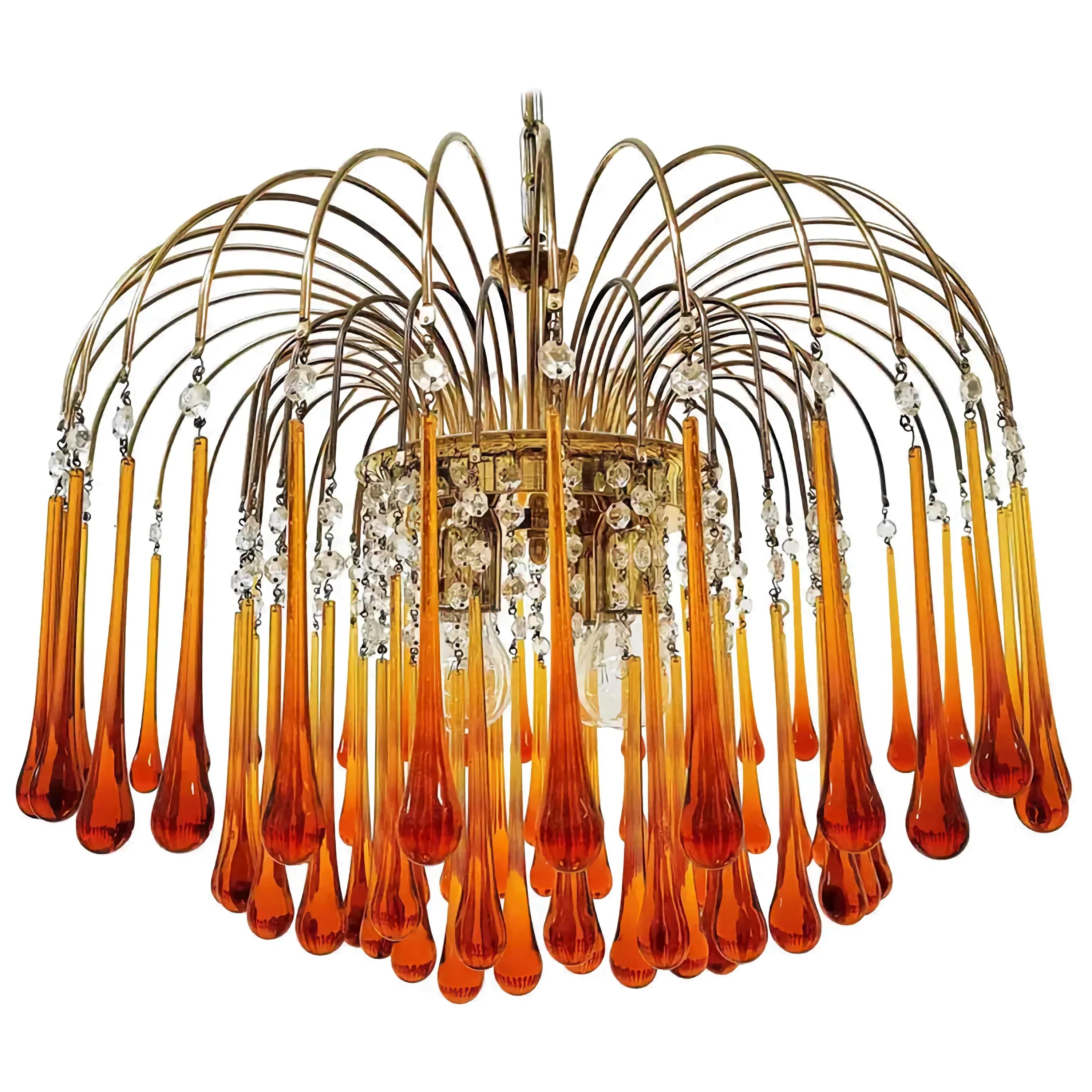 Amber Murano Teardrop Chandelier in Gold Iron and Crystal | Art Deco Ceiling Light Fixture for Dining Room